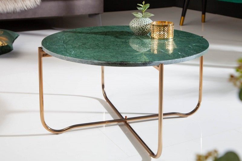 NOBLE ronde salontafel – groen marmerblad, opvouwbaar goudmetaal, 65 cm