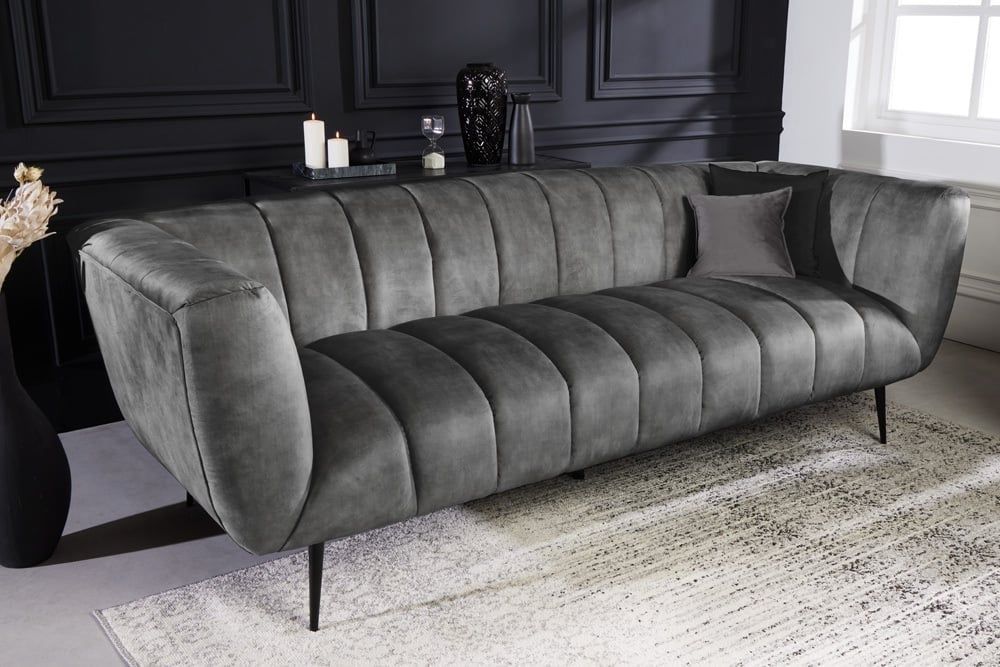 Noblesse Retro 3‑zitsbank – Grijs fluweel, 225 cm, met decoratieve quilting – Invicta Interior