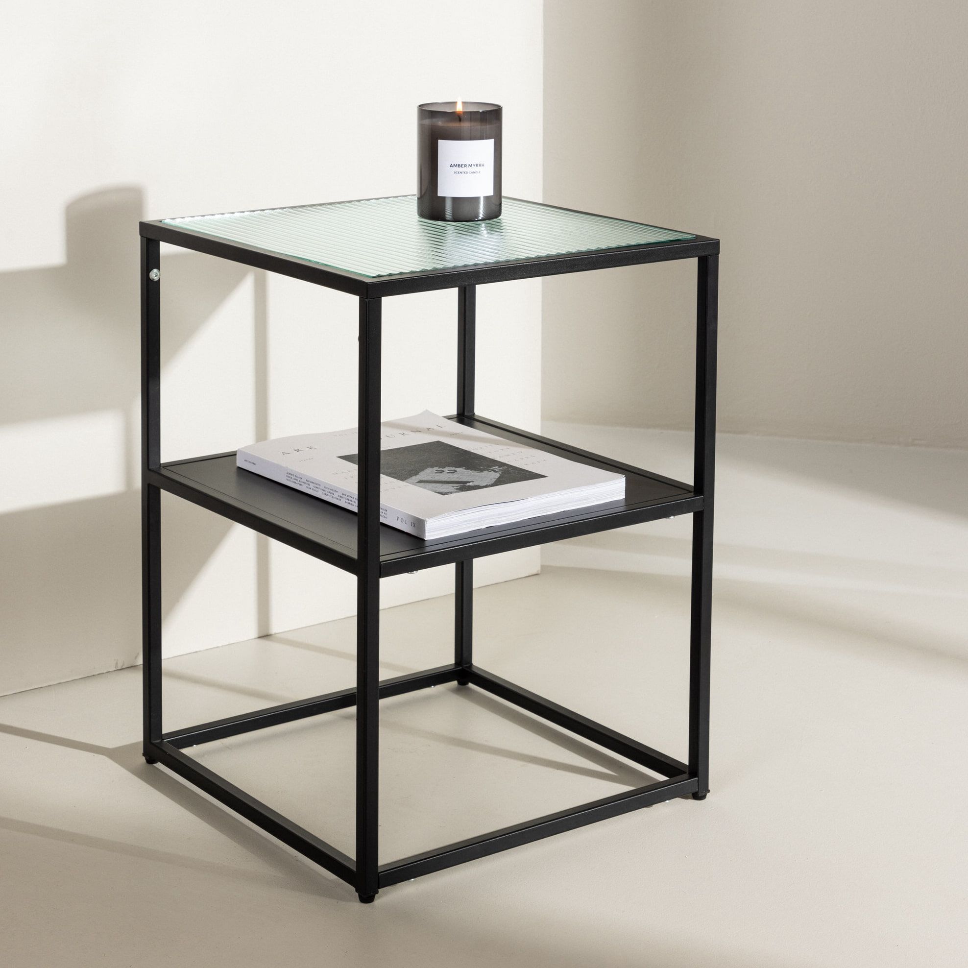Nohr Ebonie Bijzettafel 40 × 40 cm – Strak Zwart Glas met Staal