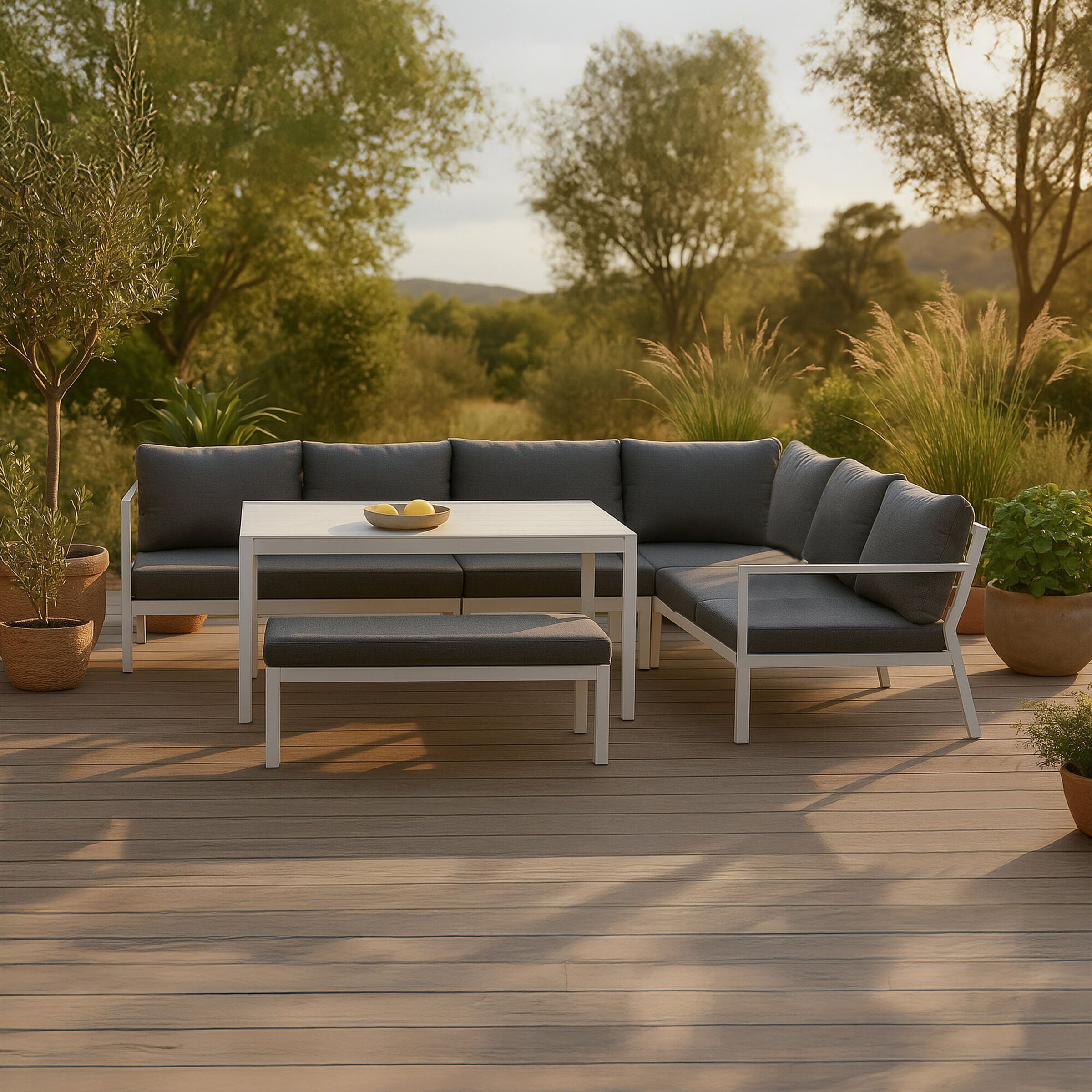 Nohr Hoek Loungeset Brianca – Witte aluminium hoekbank, grijze kussens, tafel en bankje