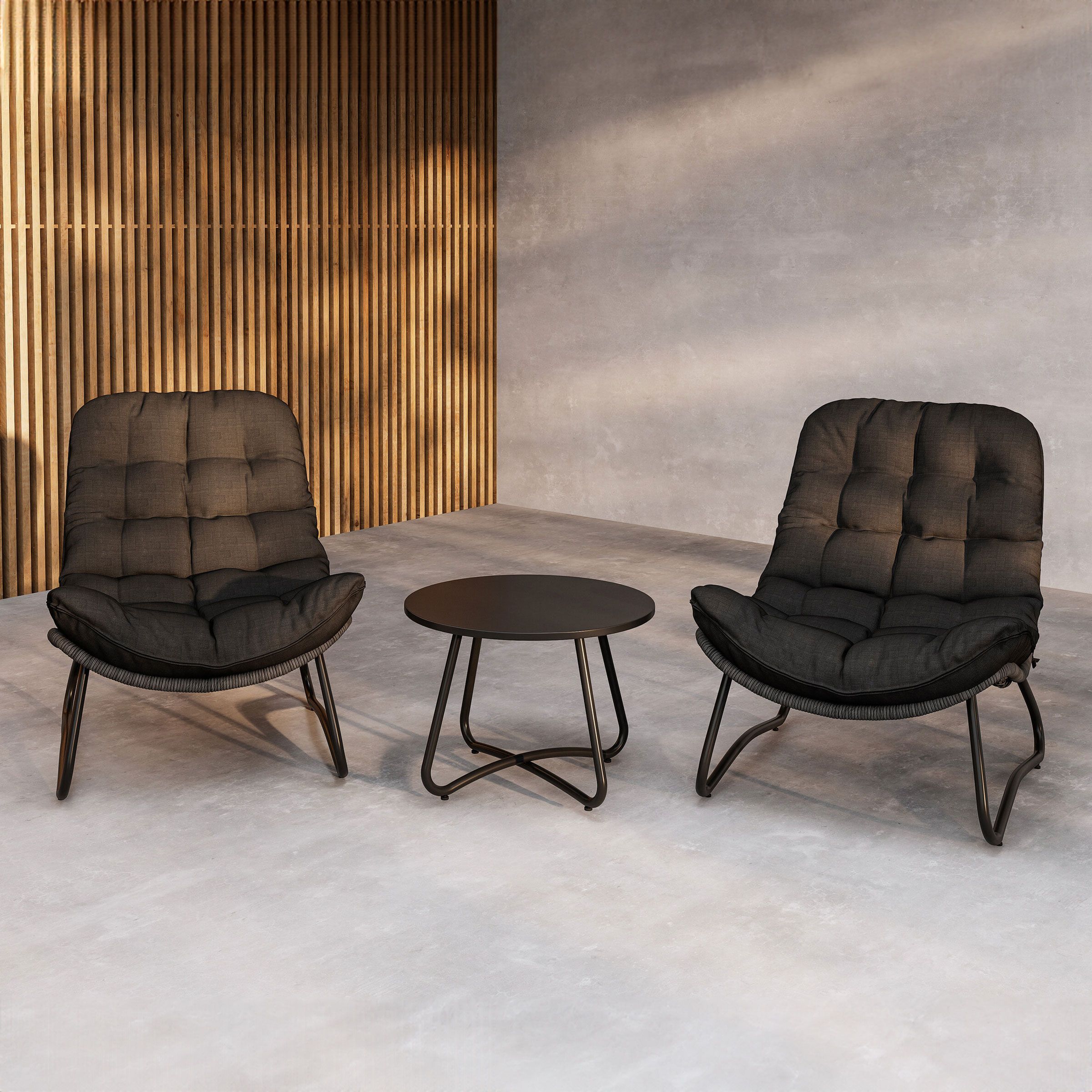 Nohr Laurissa Loungeset – 2 loungestoelen & ronde tafel, grijs‑zwart