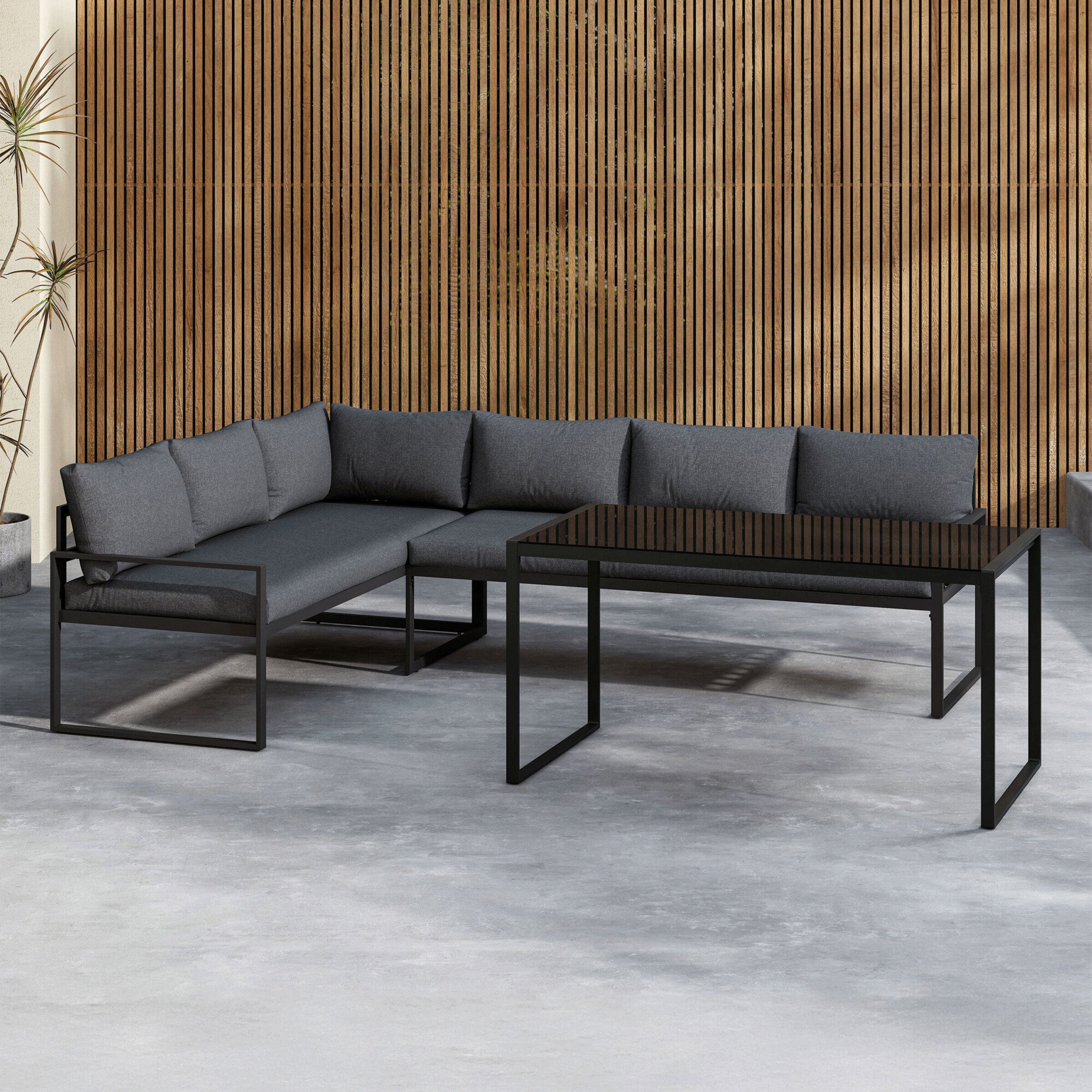 Nohr Loungeset Jenalee – Moderne zwarte hoekbank met glazen hoge tafel voor jouw terras