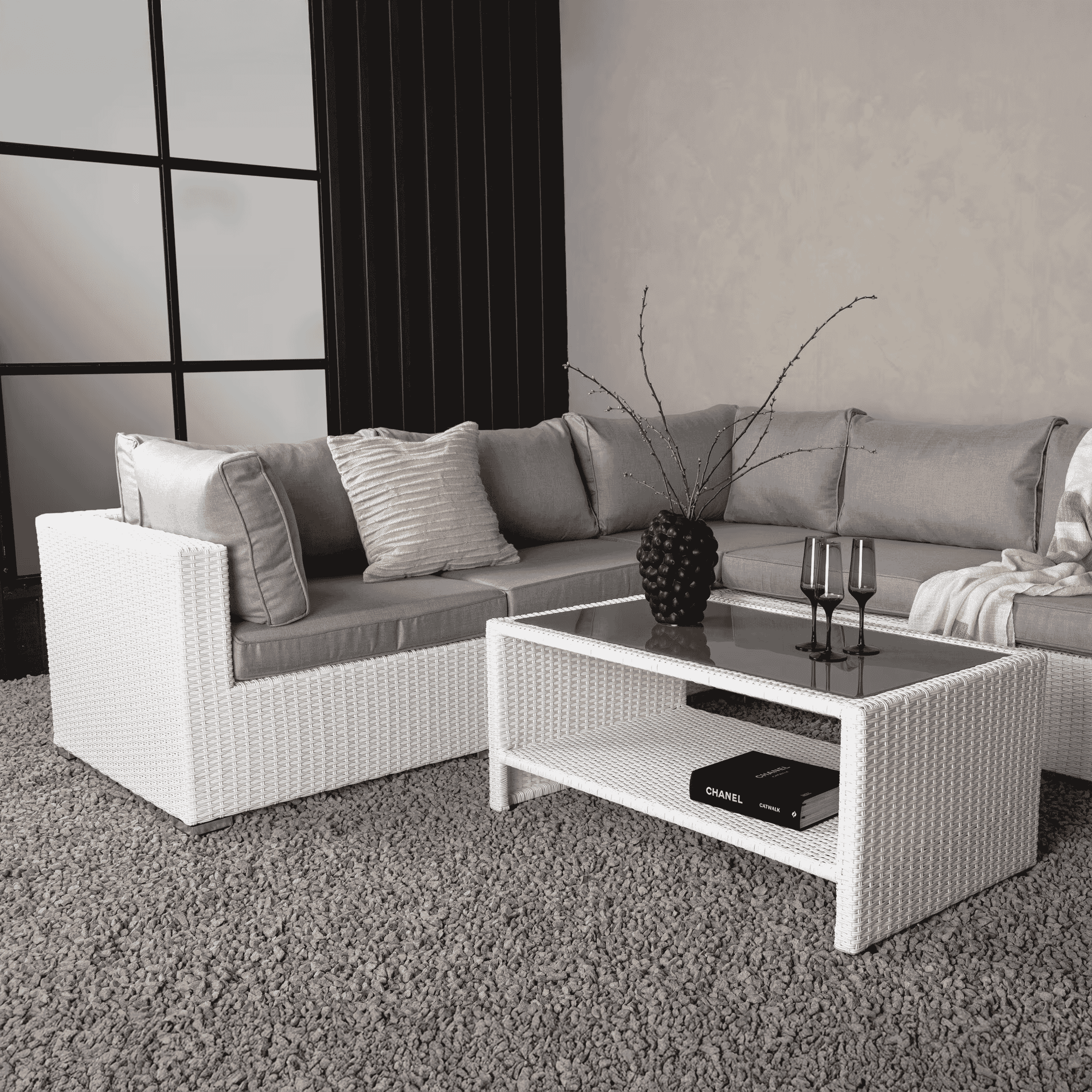 Nohr Loungeset Latonda – Moderne hoekbank en glazen salontafel in wit