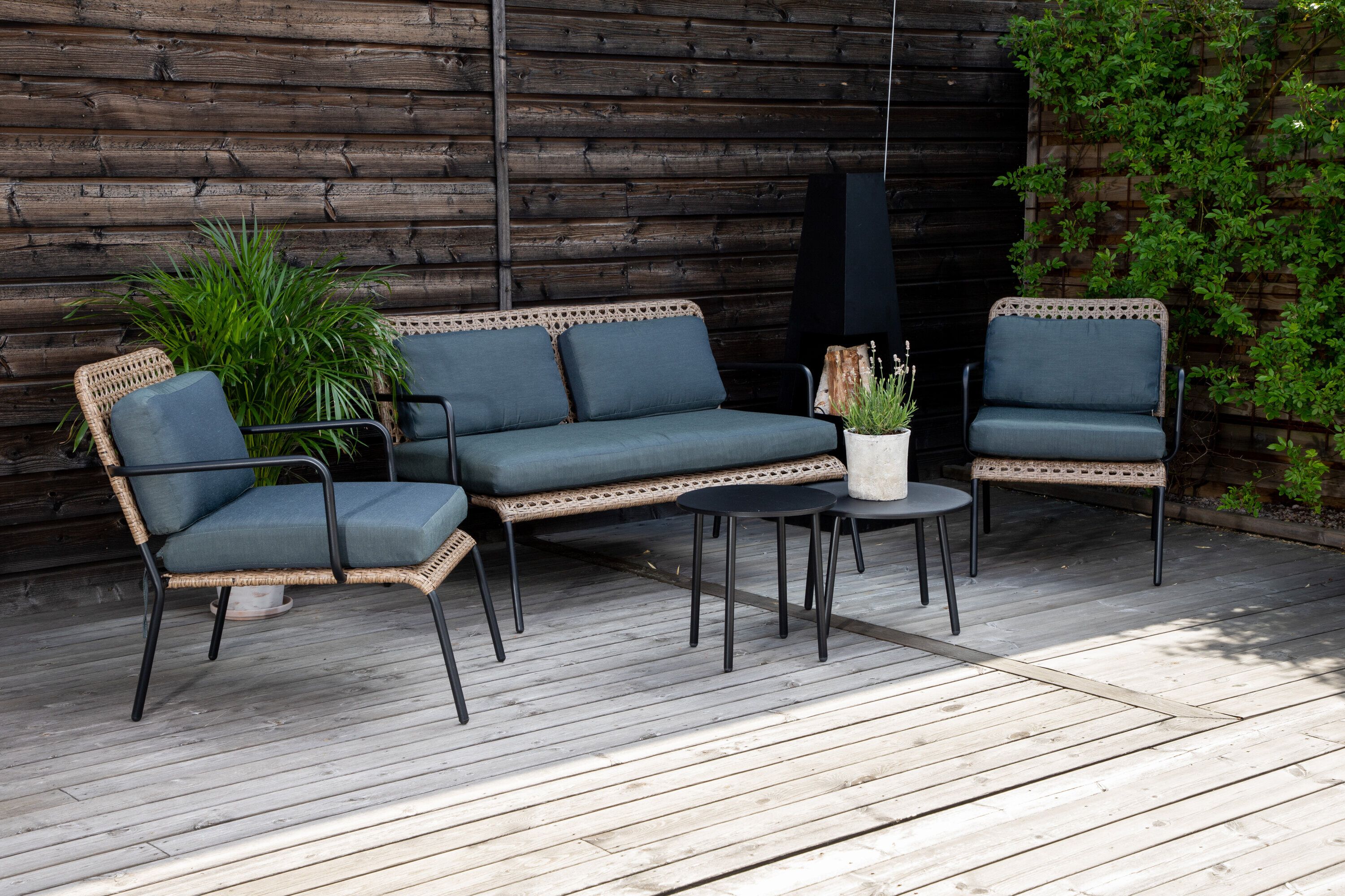 Nohr Loungeset Leontyne – Moderne Zwarte Patiobank met 2 Fauteuils en Ronde Tafels