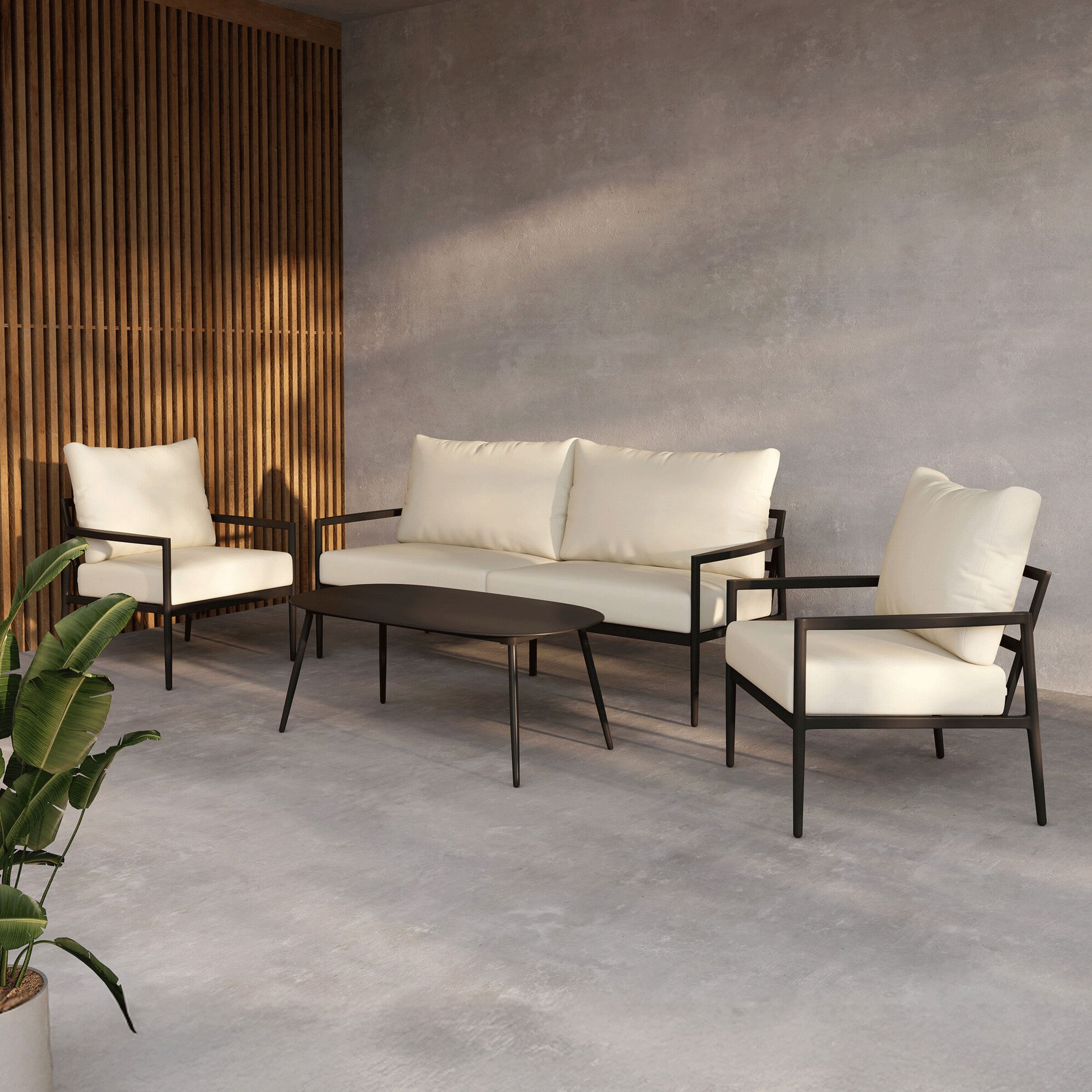 Nohr Loungeset Michiko – Comfortabele buitenbank met fauteuils en tafel in Beige/Zwart