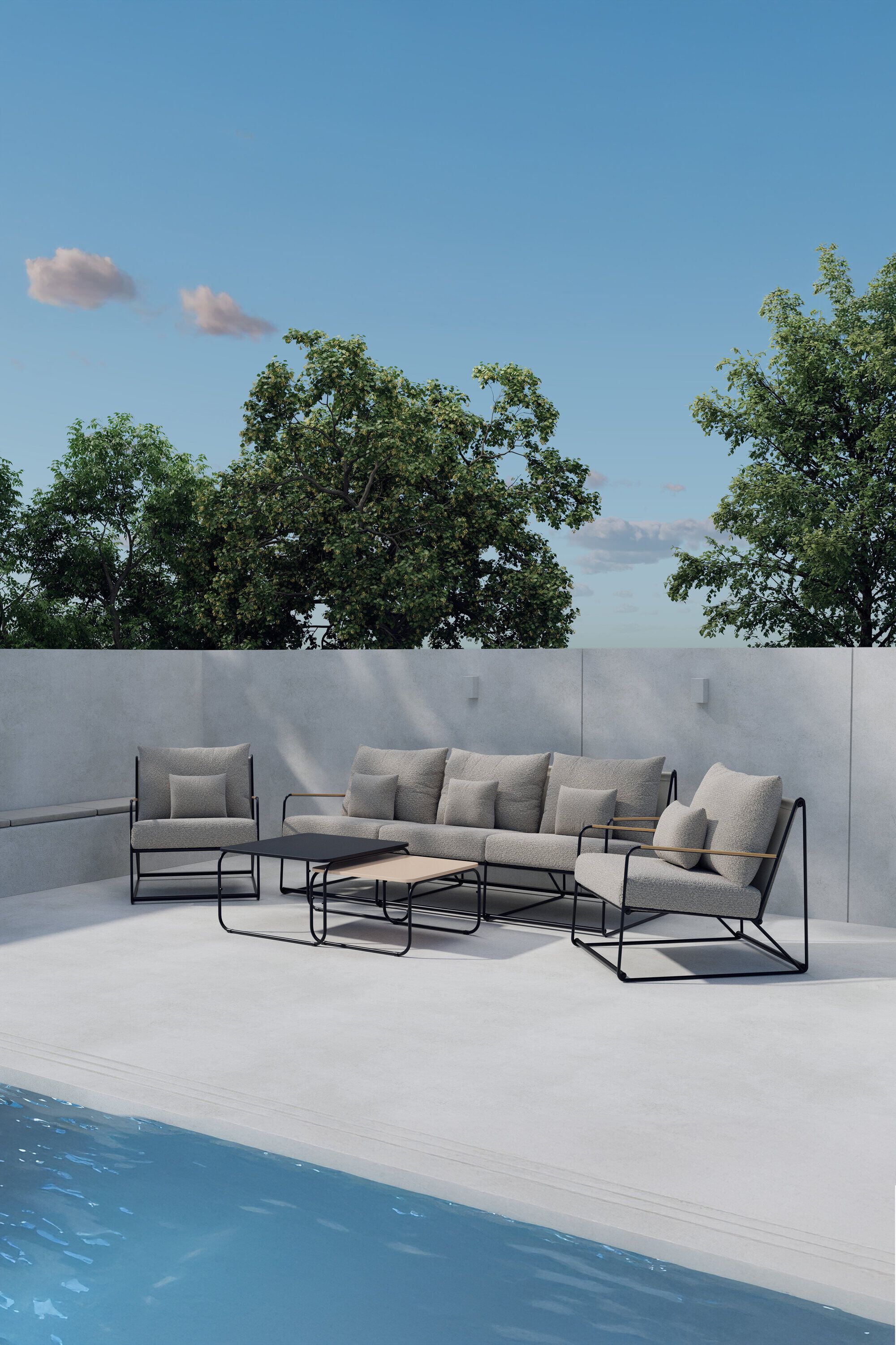 Nohr Markesha Bouclé Loungeset – Moderne Bank met 2 Stoelen en Tafels in Beige/Zwart