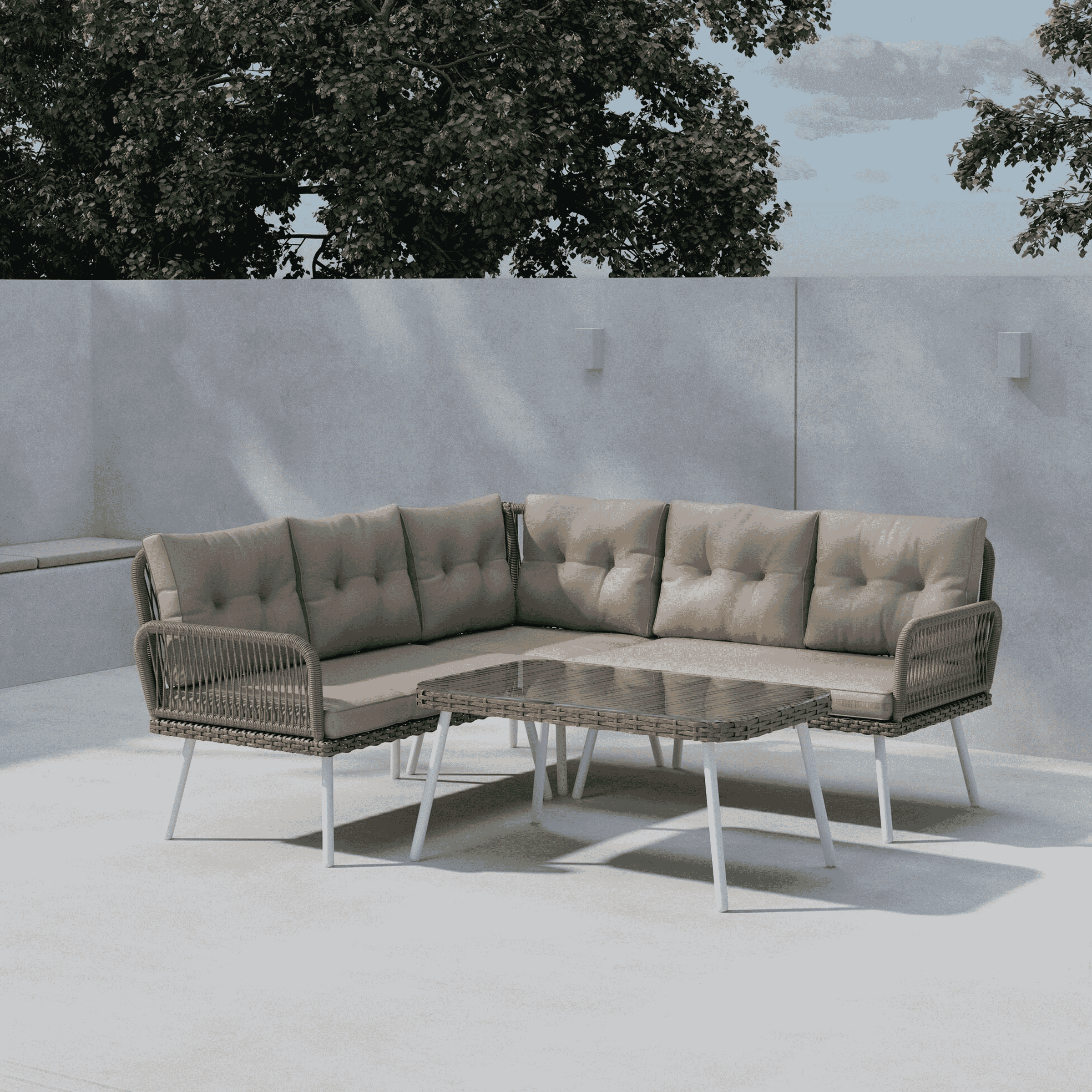 Nohr Maxfield Loungeset – Comfortabele Hoekbank en Glazen Tafel in Beige