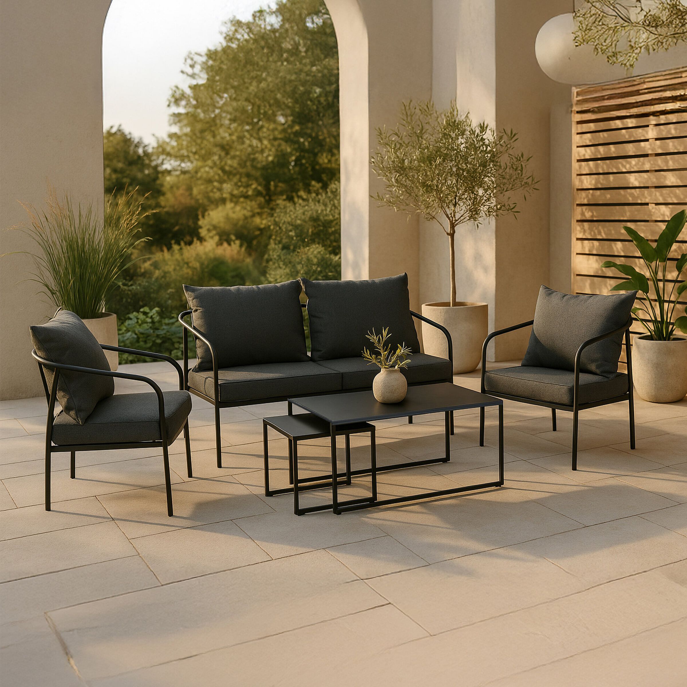 Nohr Rebeccah Loungeset – Strakke Zwarte Terrasgroep met bank, fauteuils en salontafels