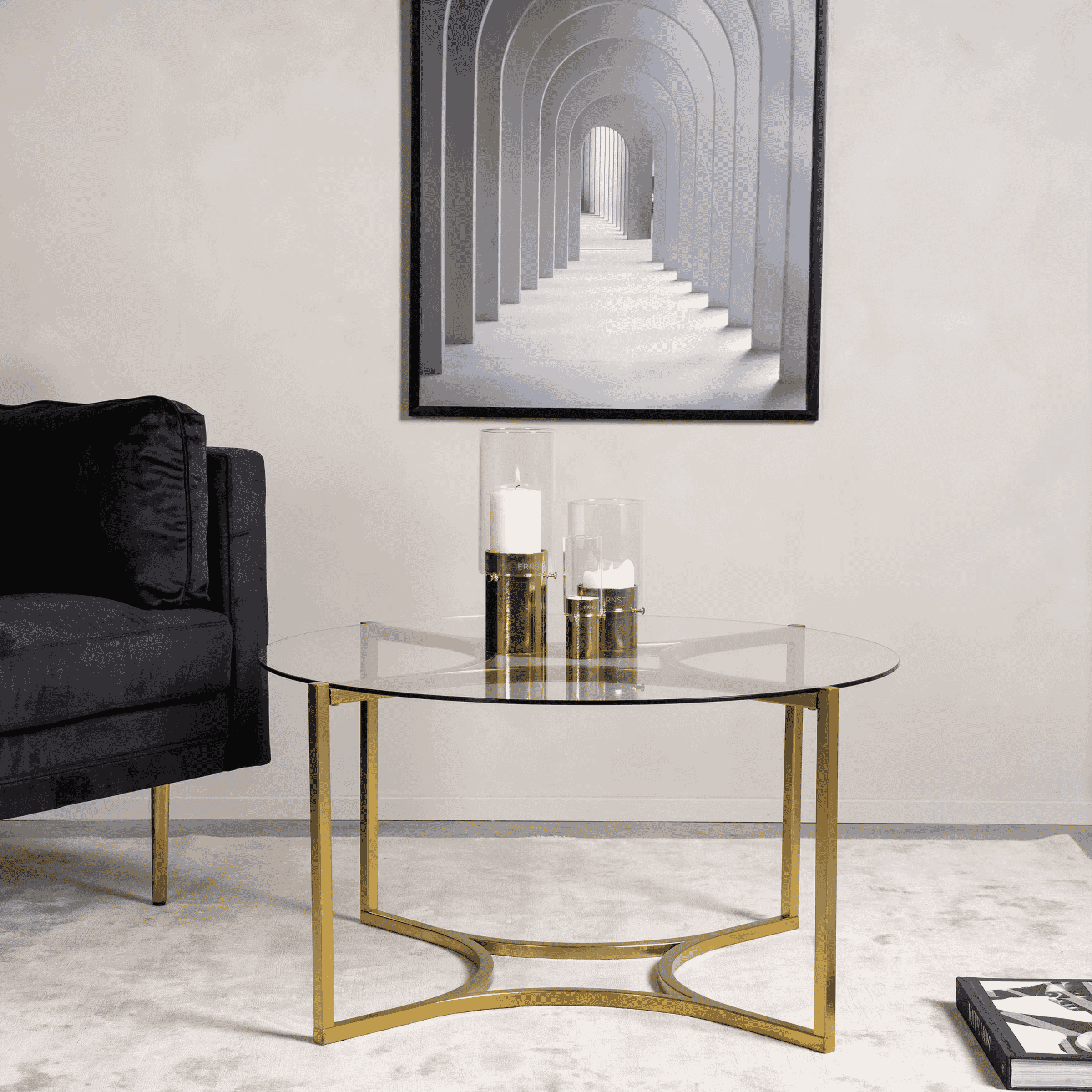 Nohr ronde salontafel Kennie – glazen blad, gouden onderstel, 90 cm