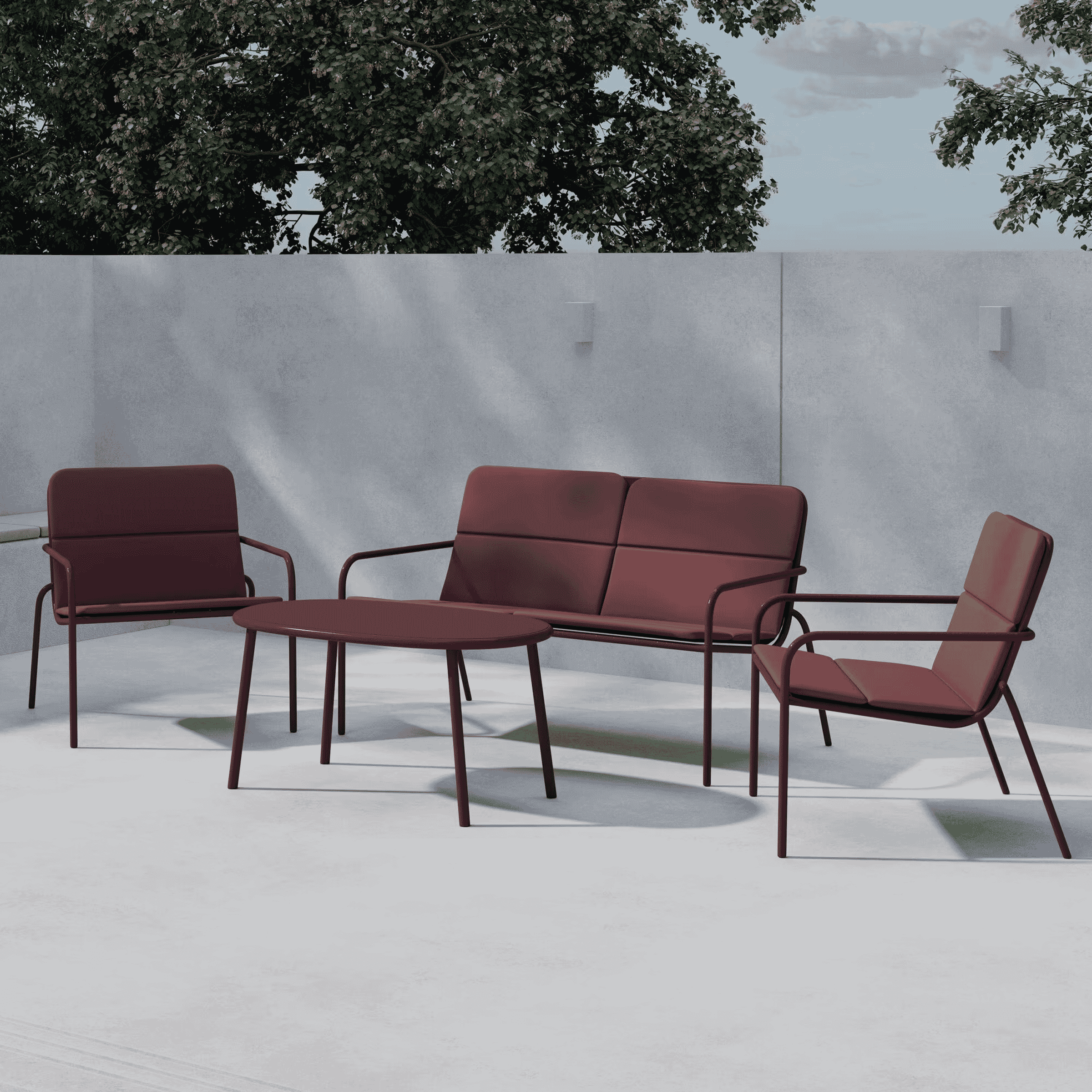 Nohr Shayn Loungeset – Luxe bordeauxrode terrasset met bank, fauteuils en tafel