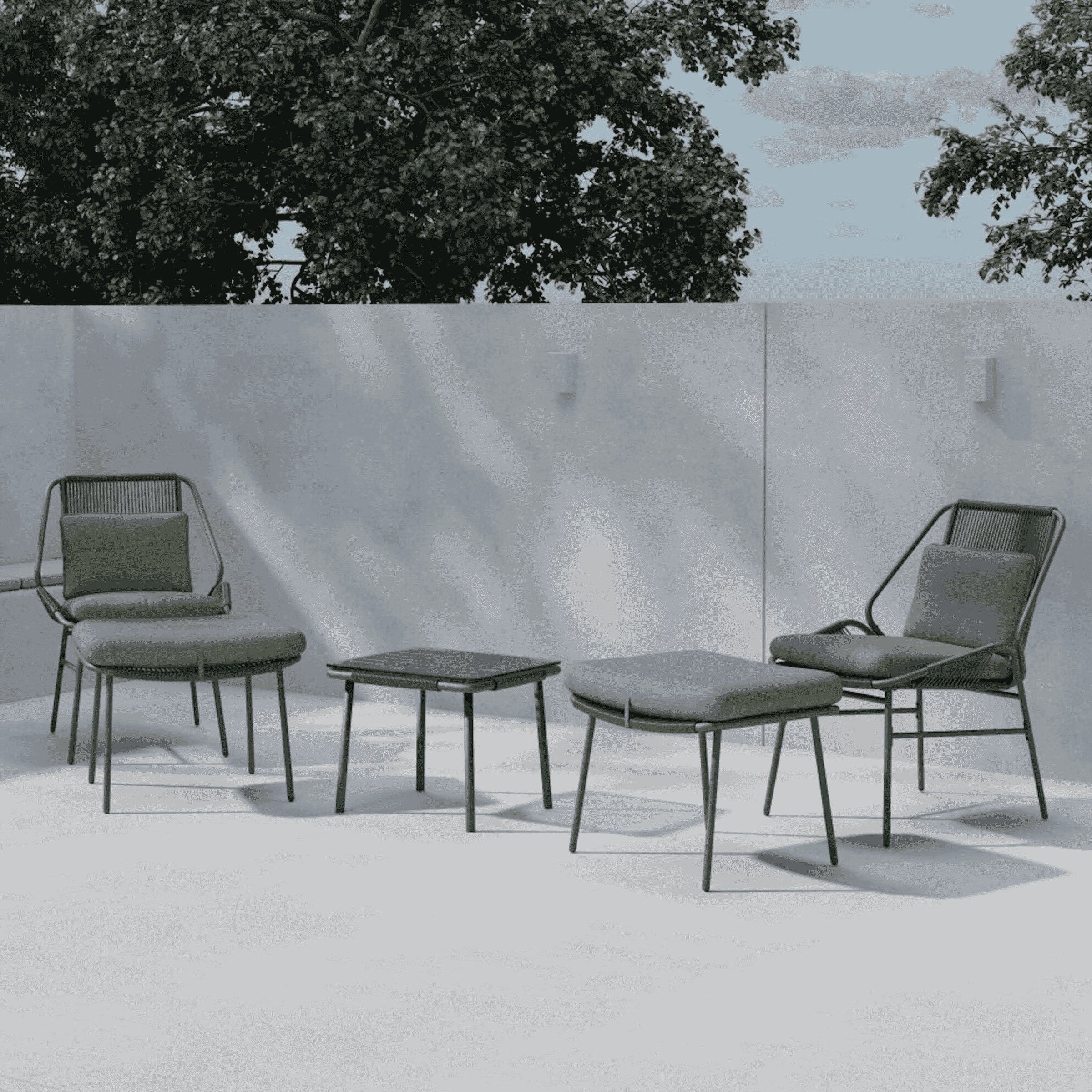 Nohr Shiquita Loungeset – Moderne Bruine Buitenloungeset met 2 Stoelen, Voetenbankjes en Glazen Tafel