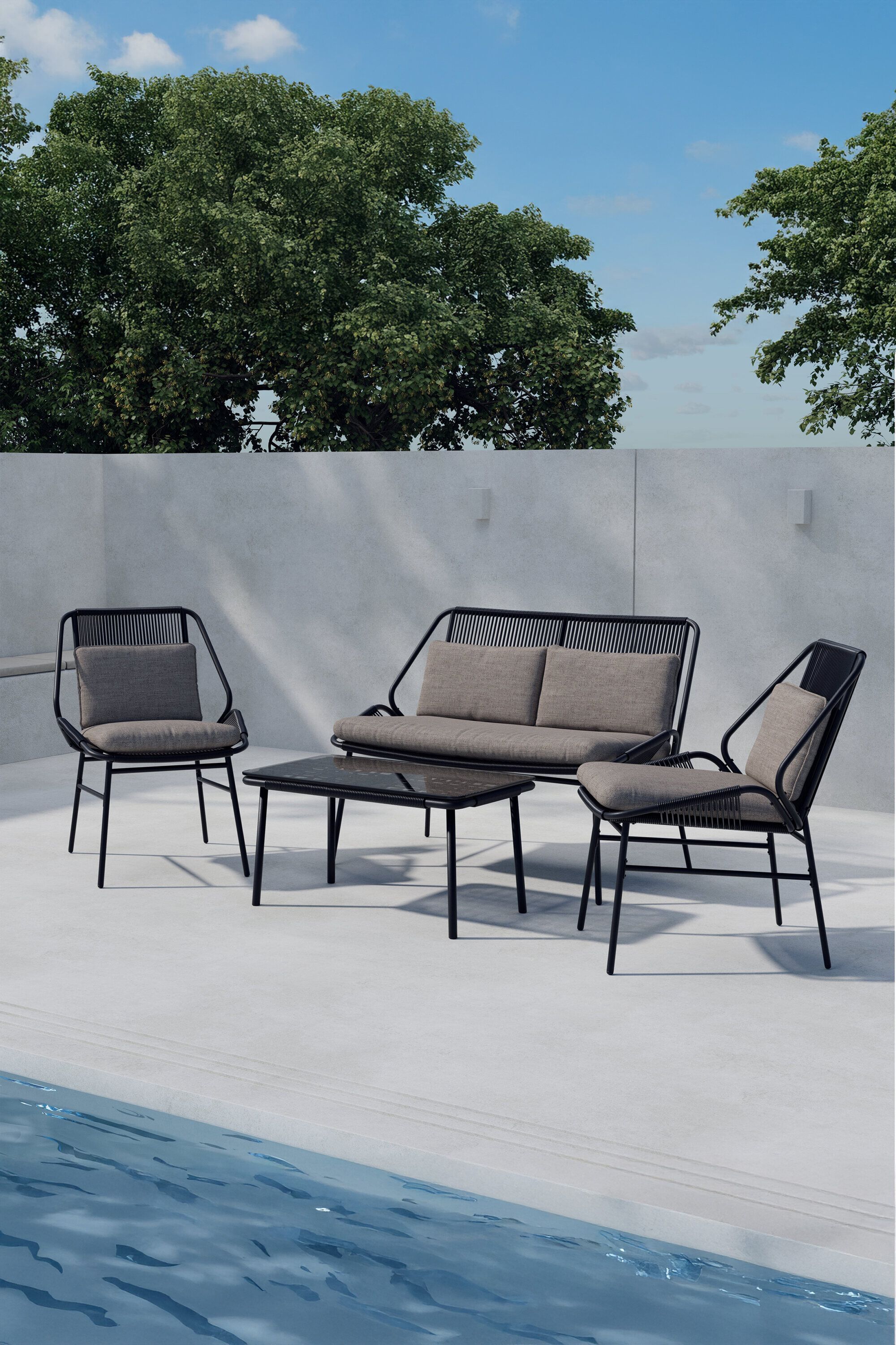 Nohr Shiquita Loungeset – Strakke Zwarte Terrasset met Bank, Fauteuils en Tafel