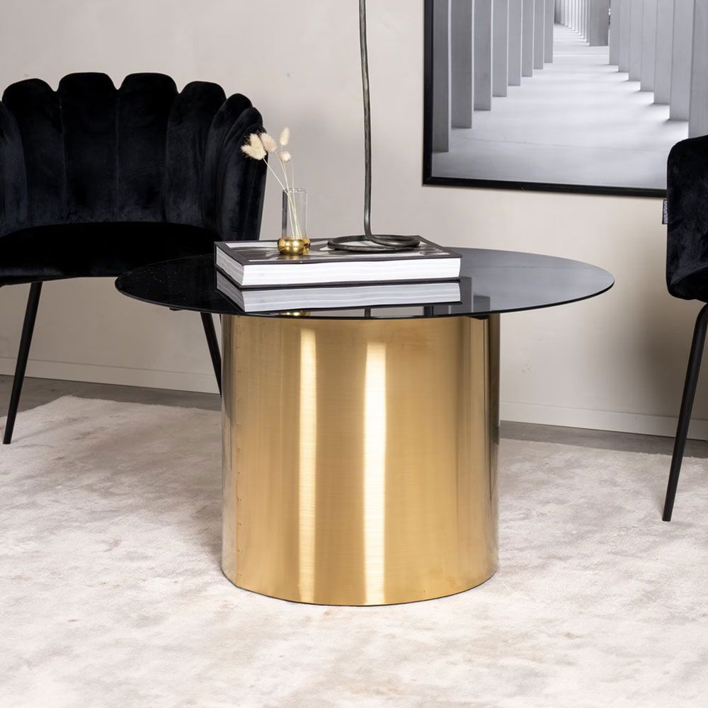 Nohr Tarissa Ronde Salontafel 80 cm – Zwart Glas met Gouden Onderstel