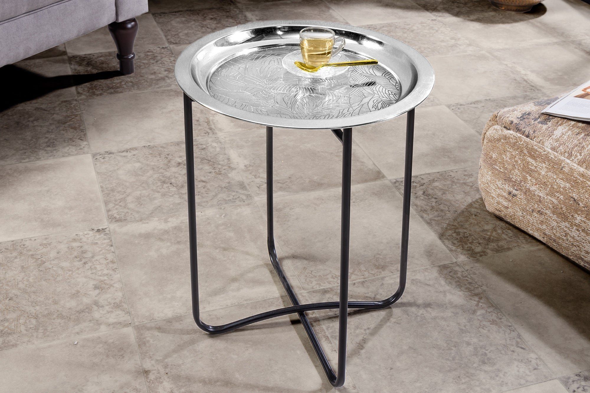Oosterse bijzettafel CASABLANCA – compacte 50 cm zilver‑zwarte tafel met opvouwbaar, uitneembaar dienblad