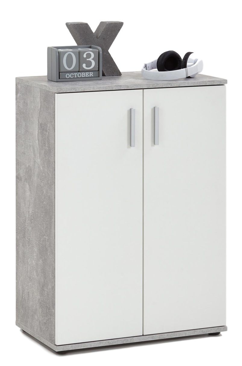Opbergkast Albi – Strak grijs beton met witte deuren, 83 cm hoog