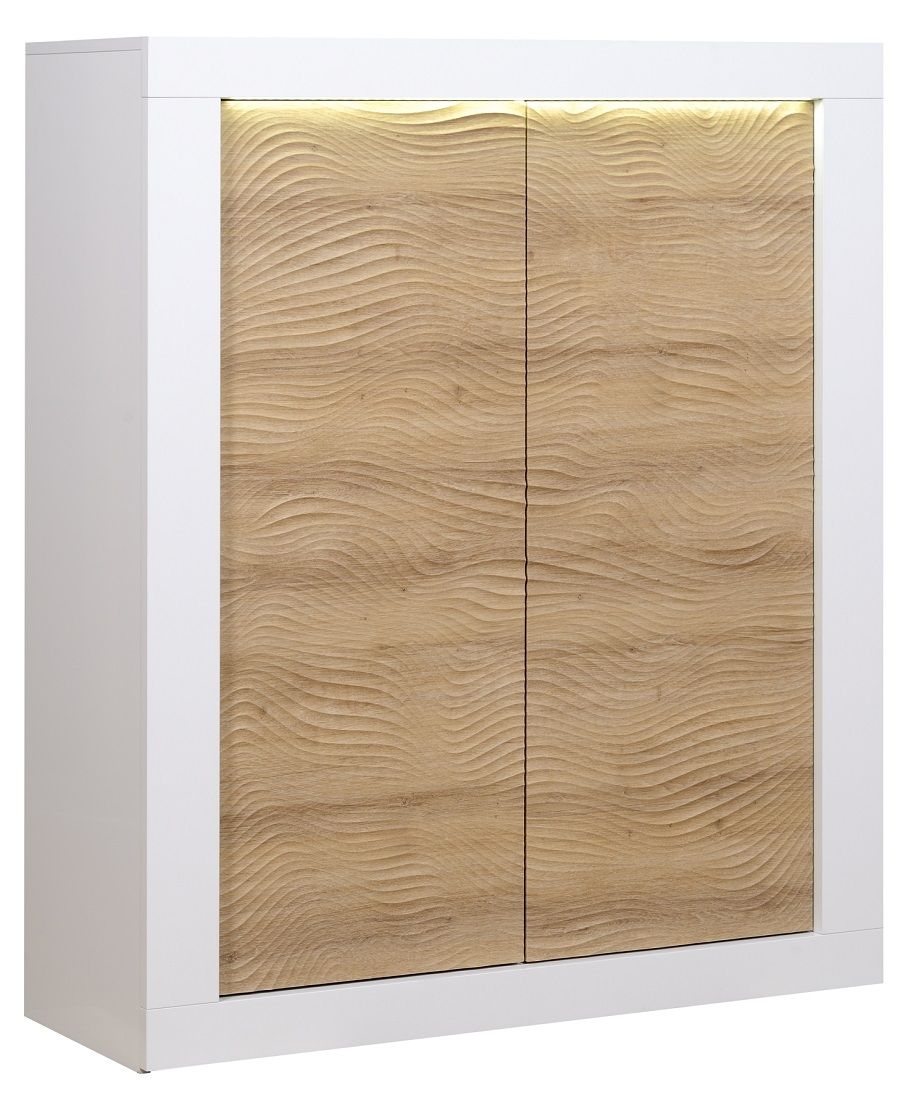 Opbergkast Karma 145 cm – Modern hoogglans wit met eiken en LED‑verlichting