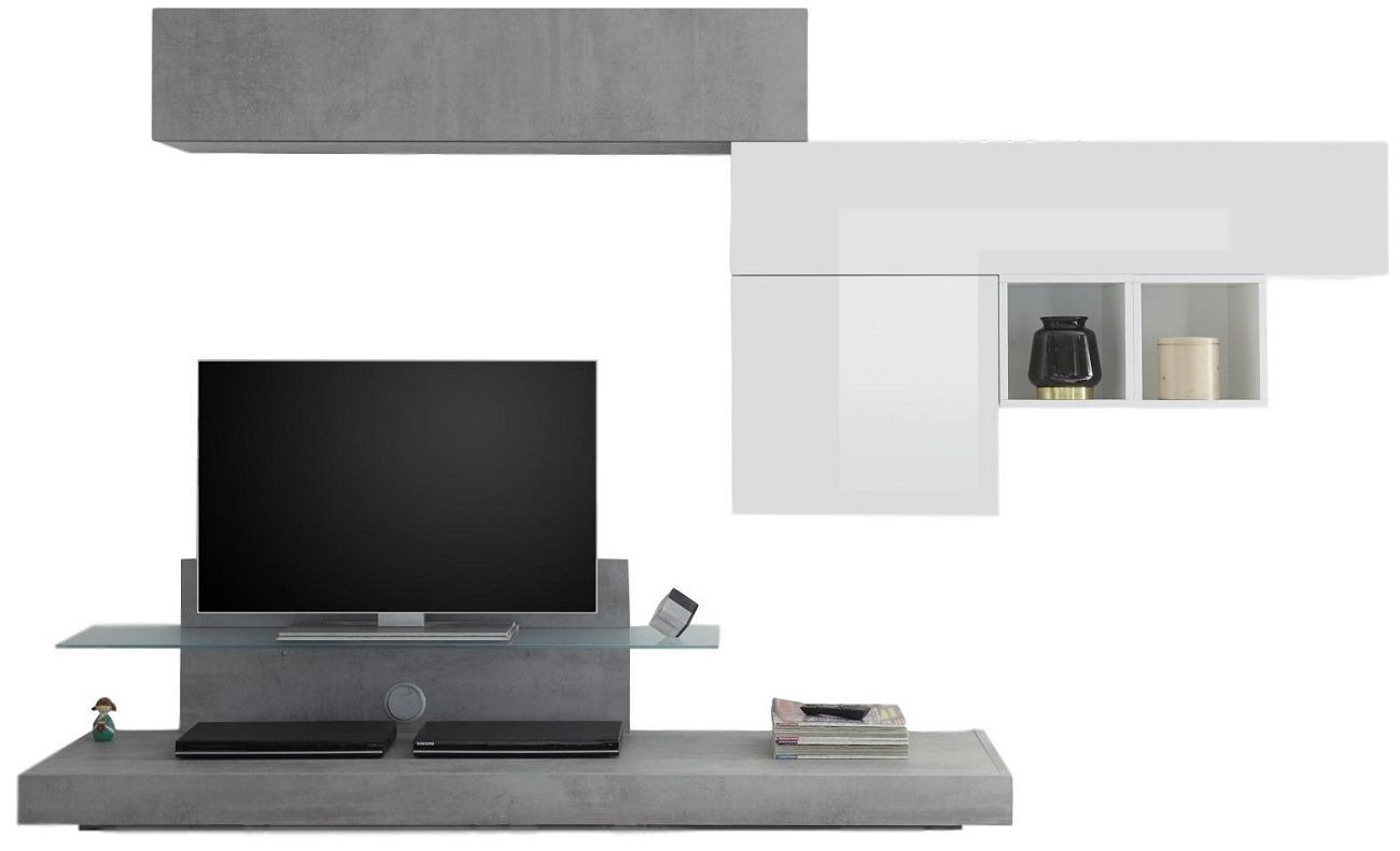Optimale TV‑wandmeubel set Mistro – Hoogglans wit met betongrijs accent