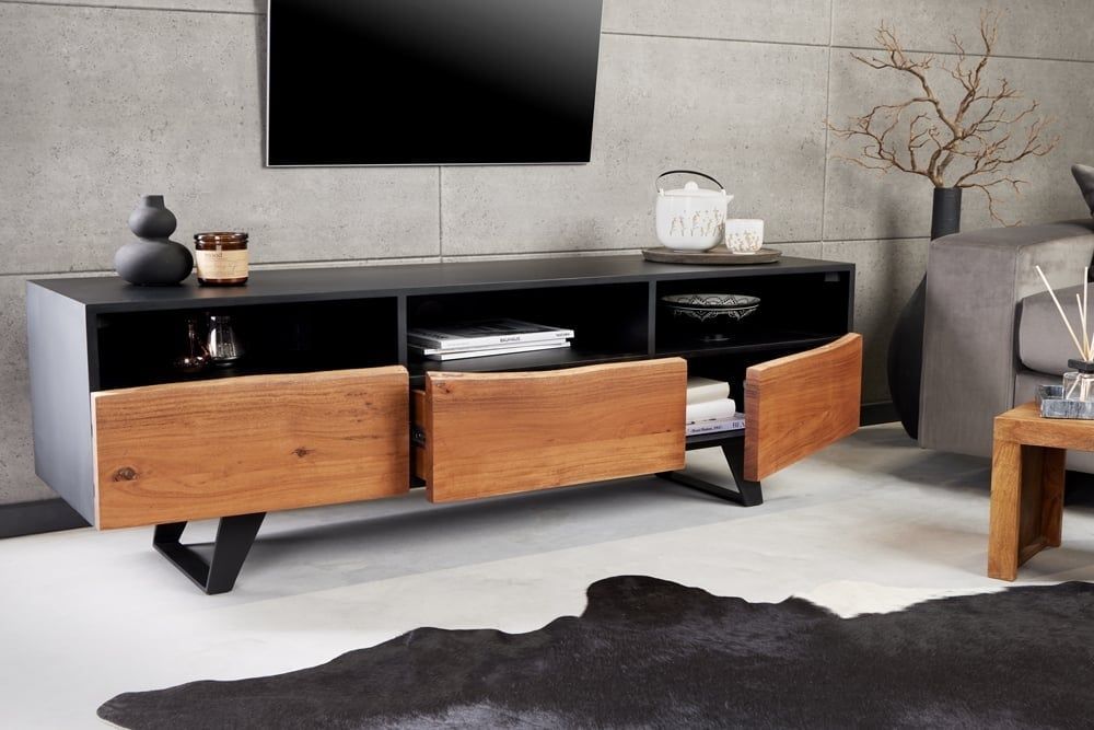 Organisch Industrieel TV‑Meubel 140 cm – Massief Acaciahout & Robuust IJzerframe