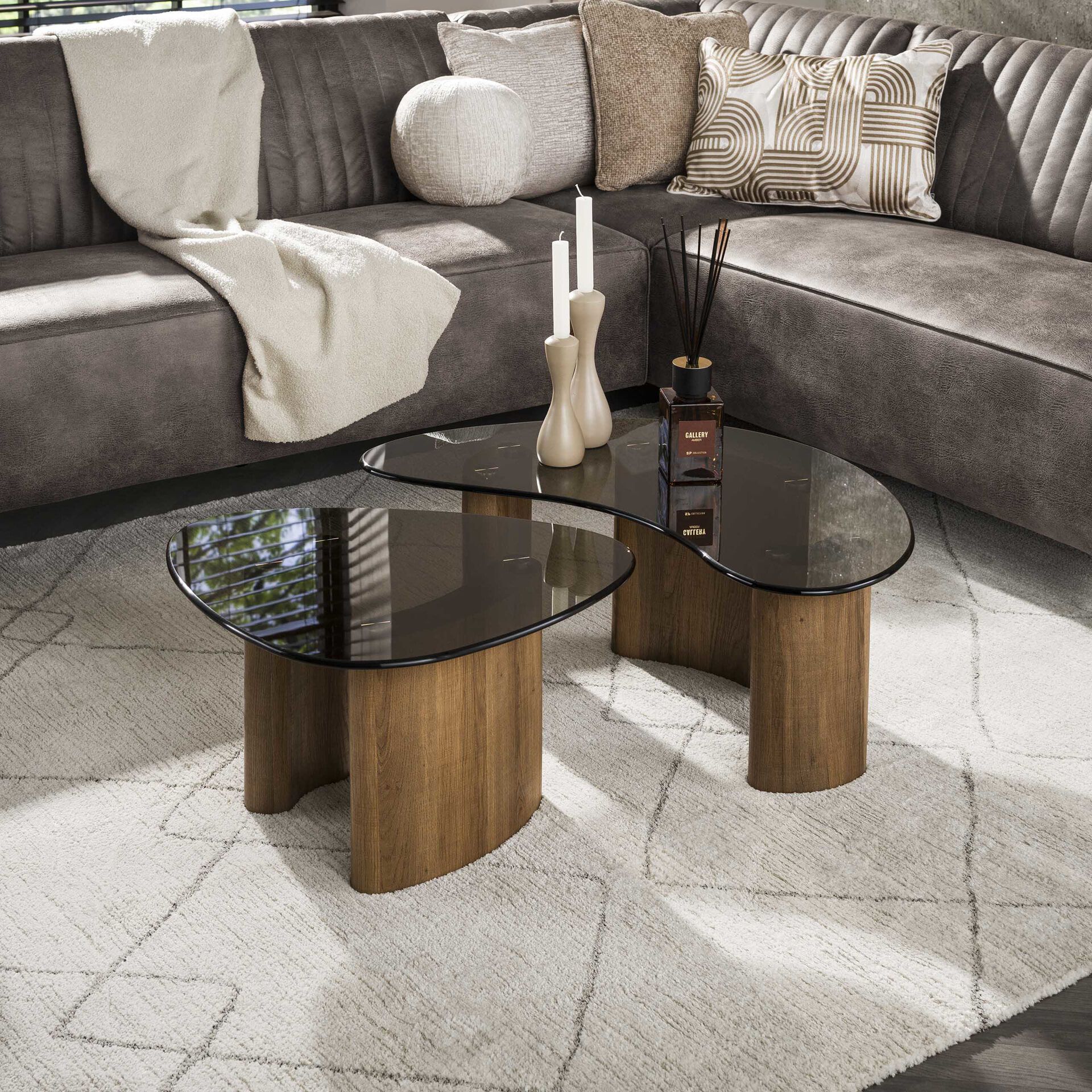 Organische Salontafel Kely – Set van 2 in Brons Rookglas en Eikenlook