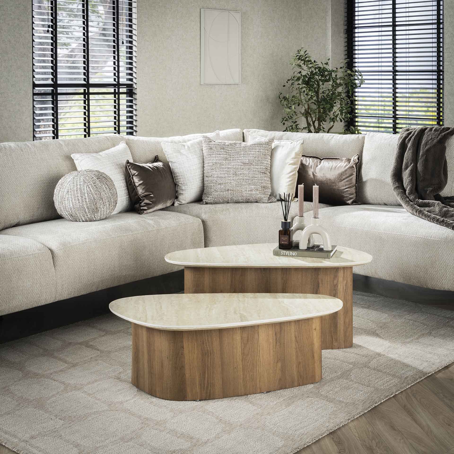 Organische Salontafel Laycie – Luxe Japandi Set van 2 in Travertin-look