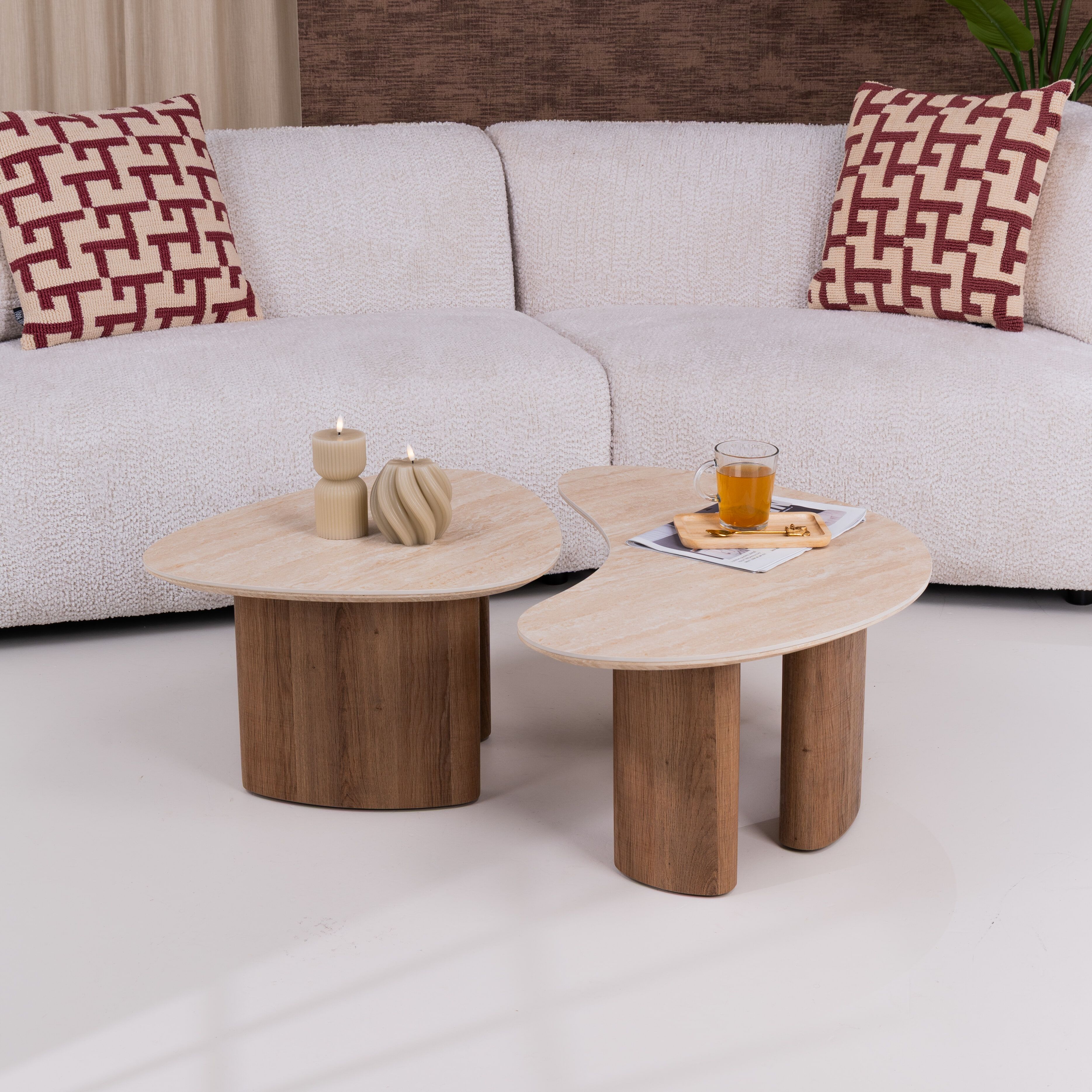 Organische Salontafel Laycie – Set van 2 in Travertin‑Keramiek, Japandi‑stijl