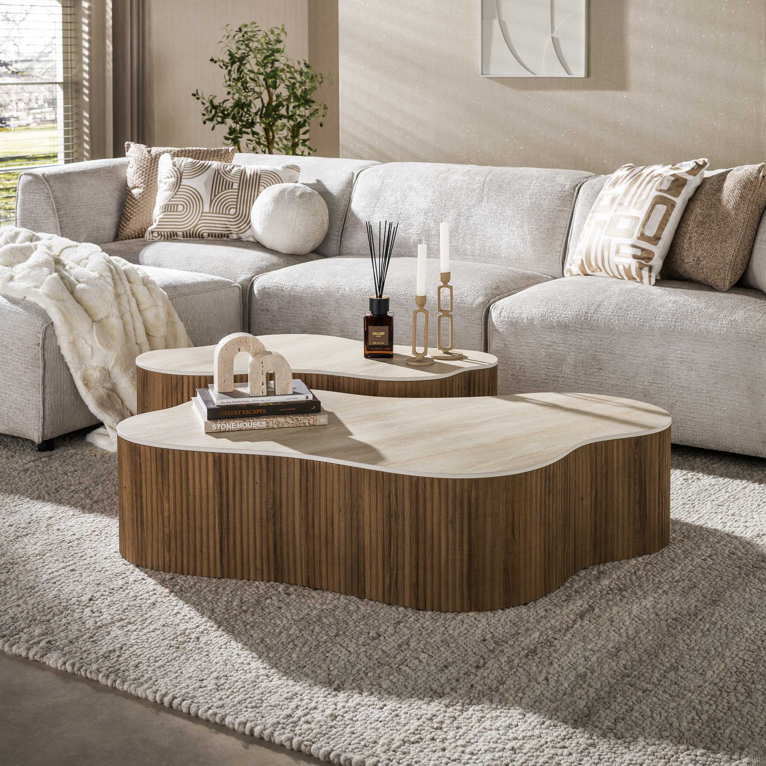 Organische Salontafel Set van 2 – LifestyleFurn Akai in Travertin-look (Bruin)