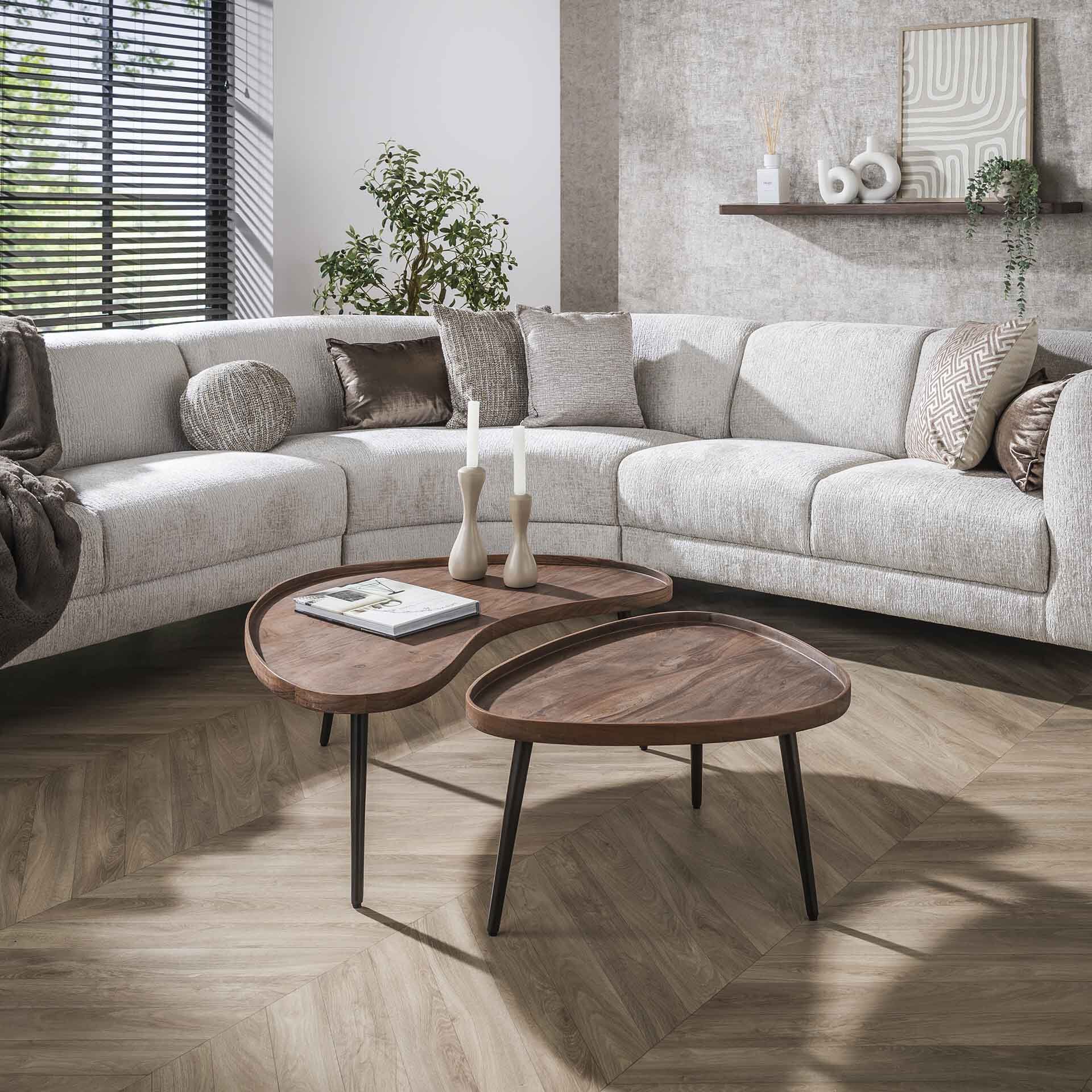 Organische Salontafelset Alania – Massief acaciahout & bronzen metalen onderstel