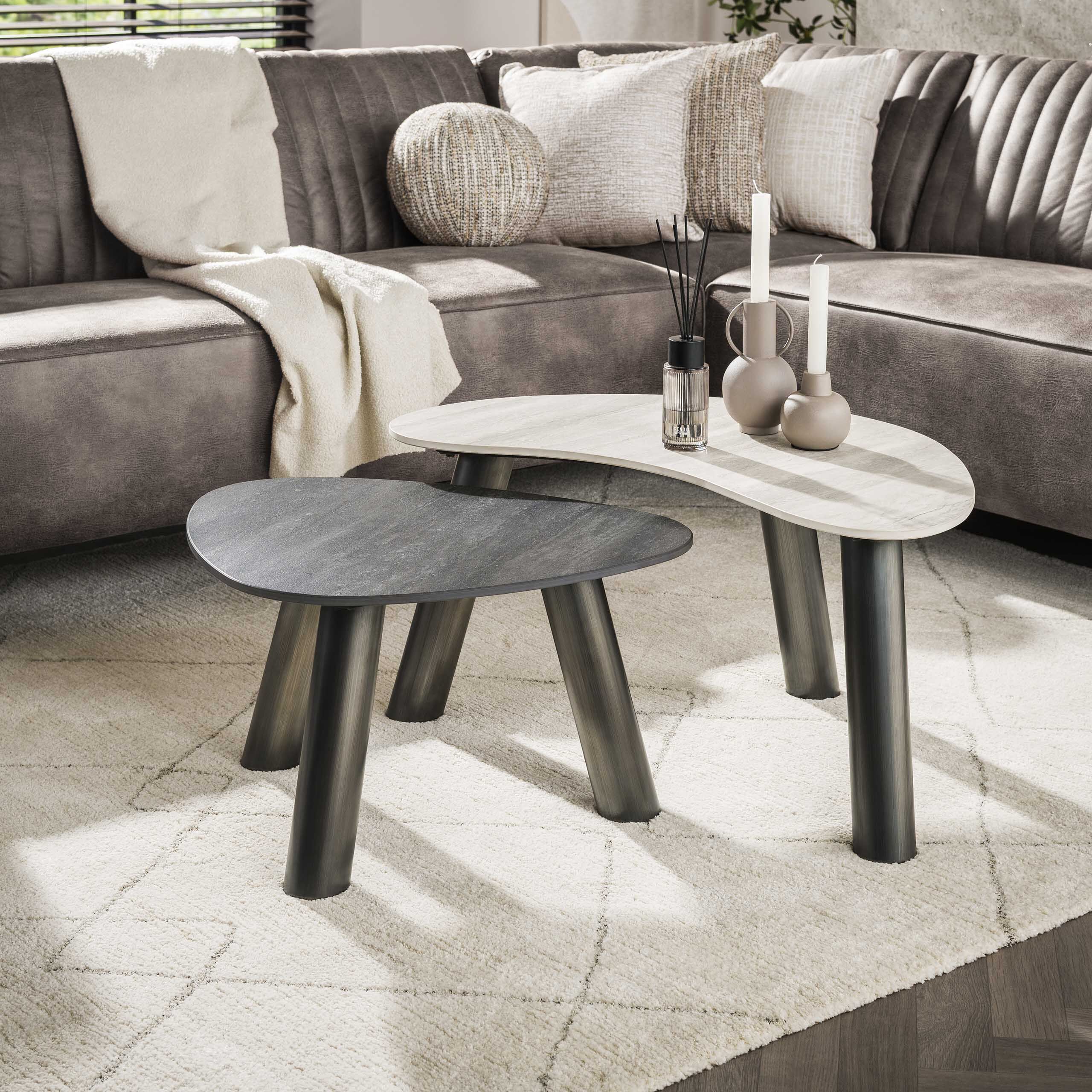 Organische Salontafelset Twin – Grijze keramiek met travertinlook, 2 stuks