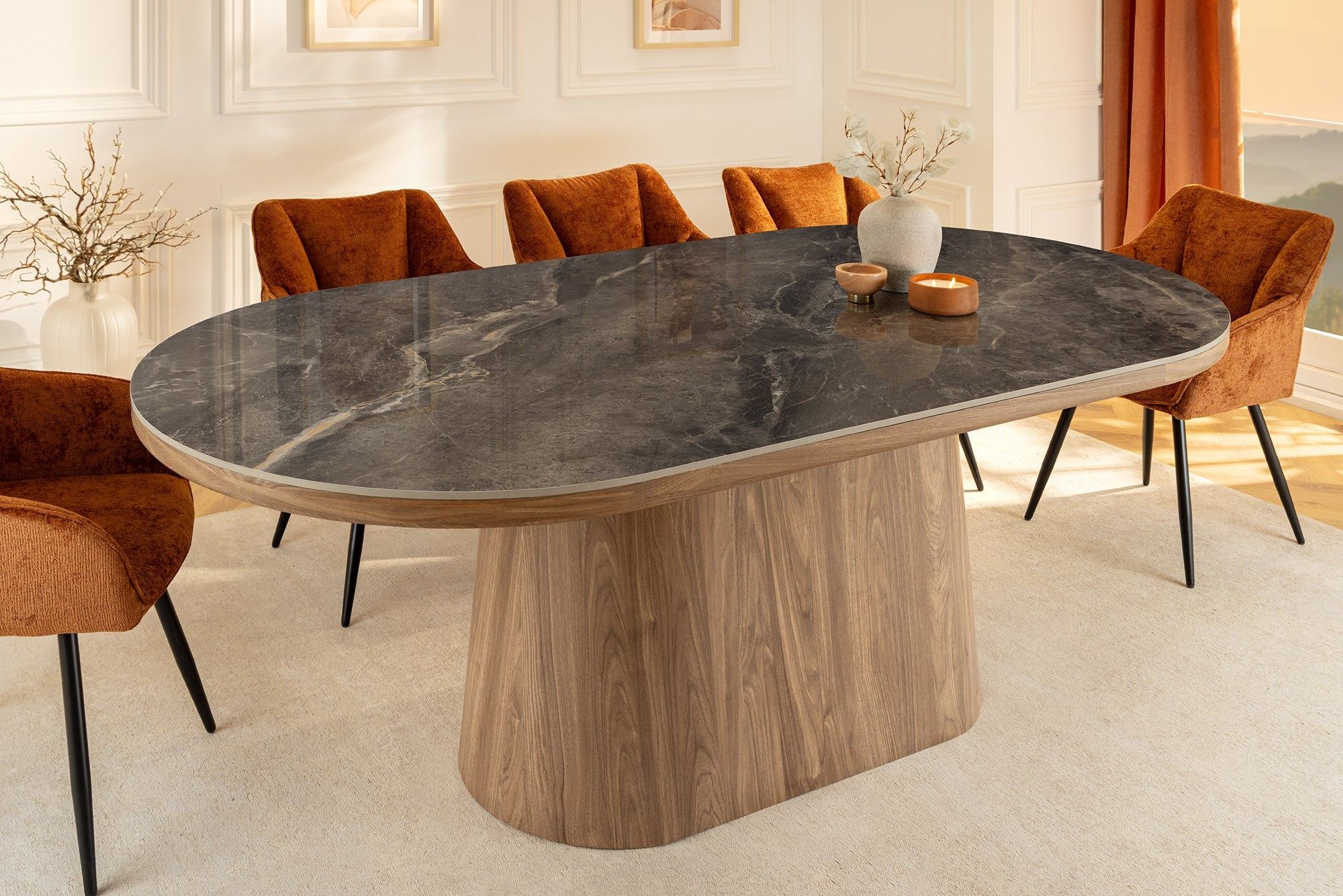 Ovale eettafel UNIQUE – 200 cm grijsbruin keramisch blad op walnoot kolomvoet