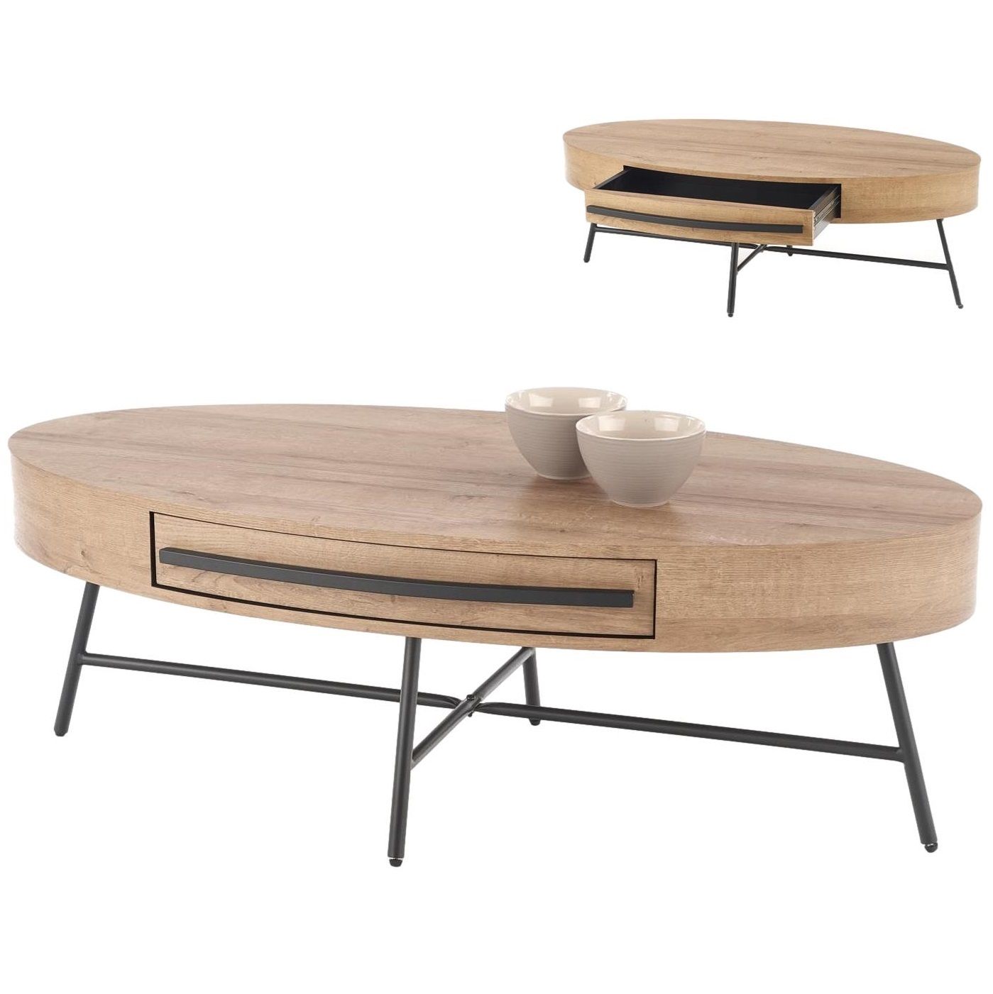 Ovale salontafel Carolina – loftdesign met slimme opbergruimte