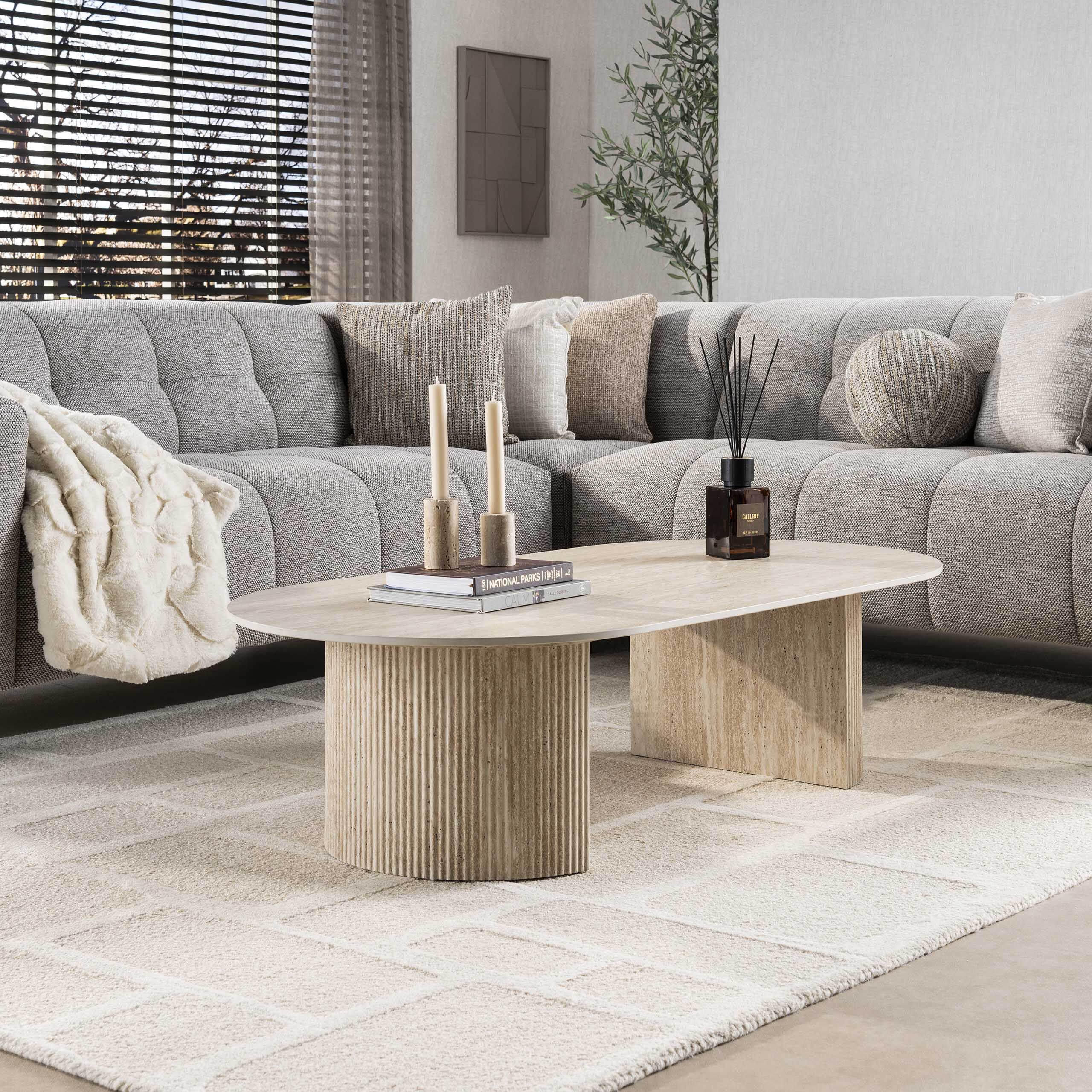 Ovale Salontafel Laycie van LifestyleFurn – Tijdloze Travertin‑look in Beige