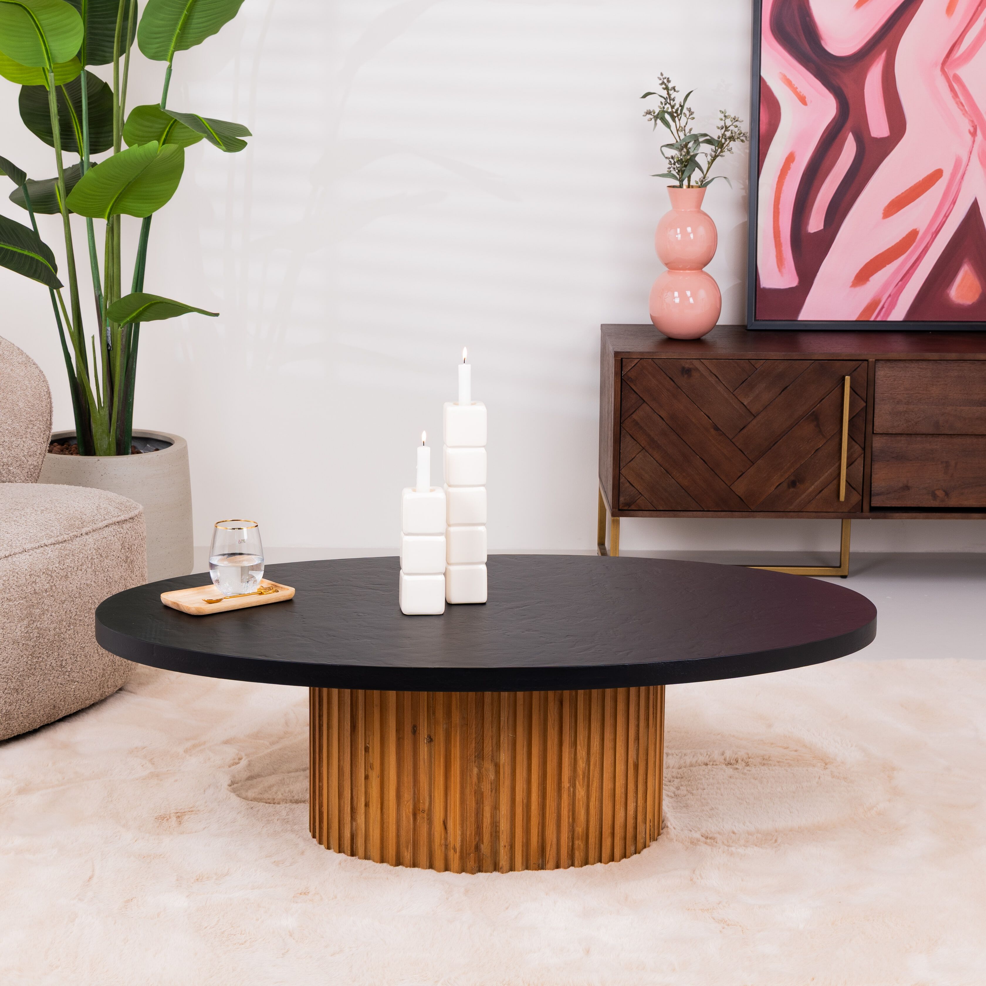 Ovale Salontafel Palazzo – Tower Living, teakhout & mineraal stucwerk, 130 × 75 cm