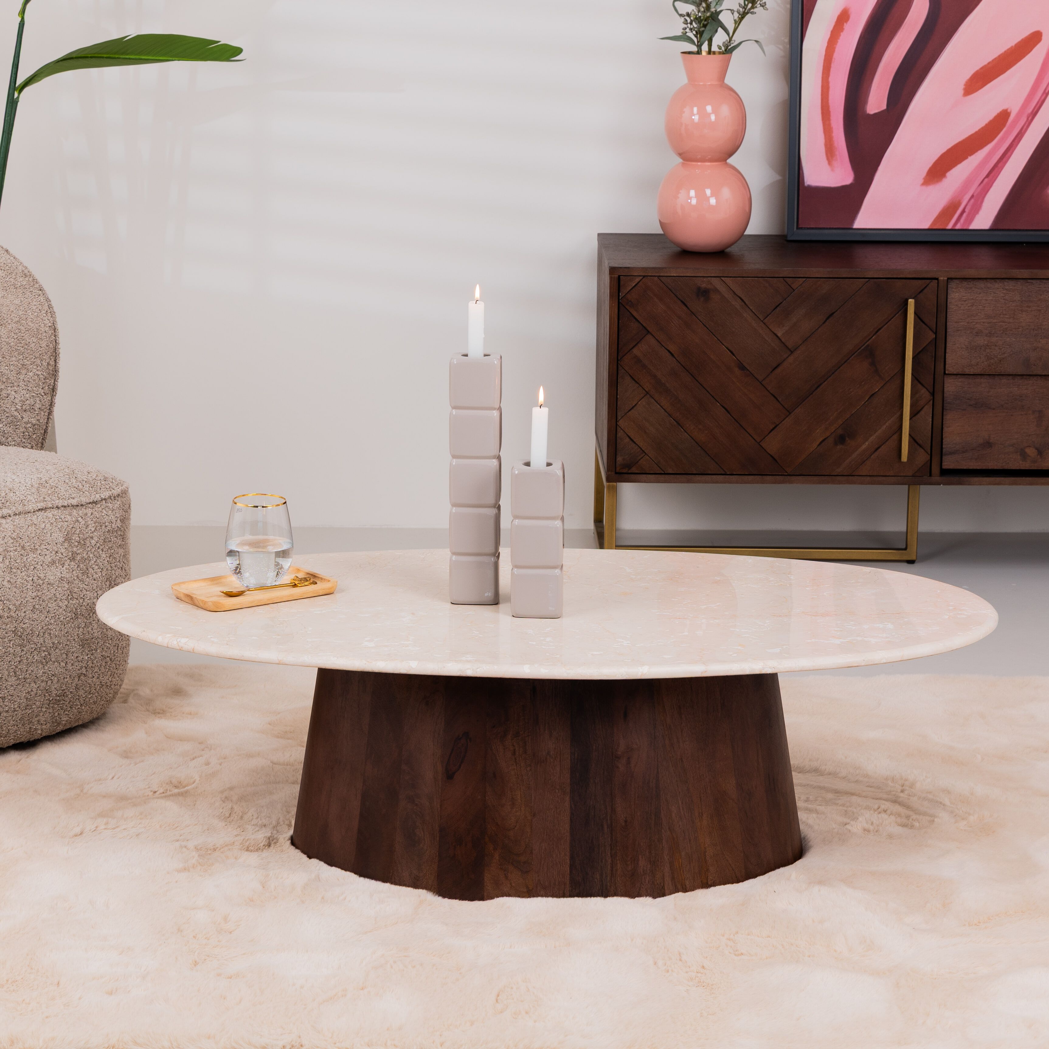 Ovale Salontafel Sohome Margred – Marmer & Mangohout, 120×65 cm