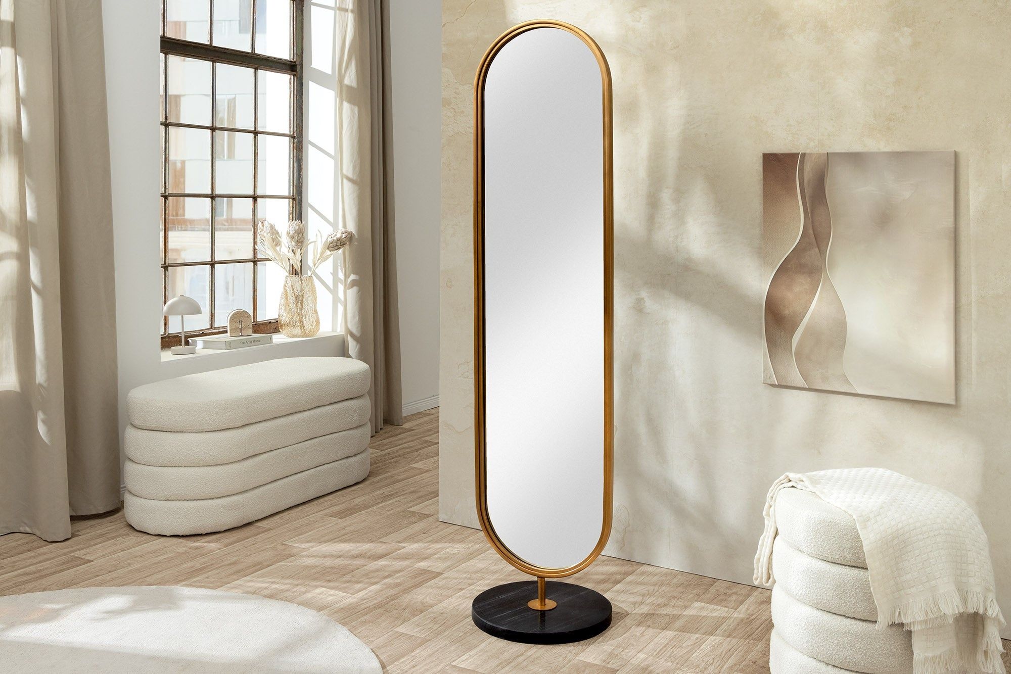 Ovale staande spiegel 175 cm – Goud & zwart met marmeren voet – Handgemaakt