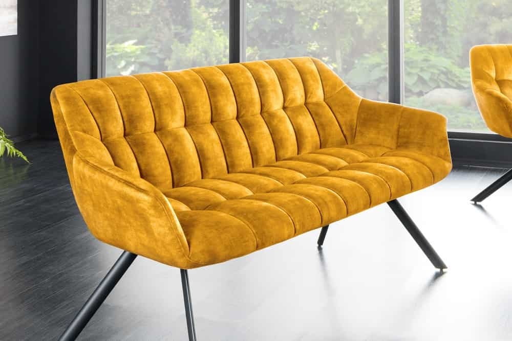 PAPILLON Eetkamerbank 165 cm – Mosterdgeel Fluwelen Comfort met Zwart Metalen Frame