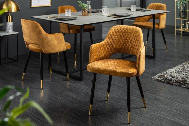 PARIS Mustard Yellow Velvet Eetkamerstoel met Gouden Voetkappen – Invicta Interior
