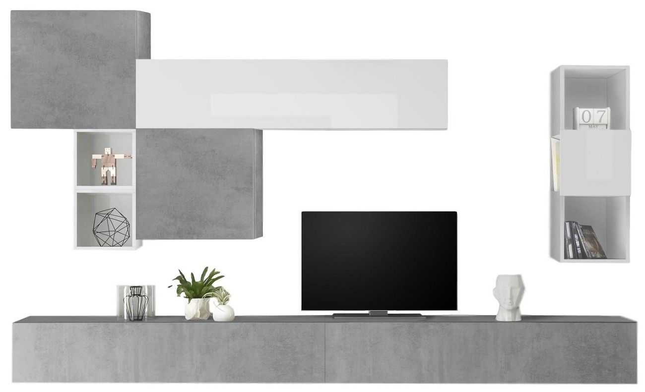 Pedro TV-wandmeubel in hoogglans wit met betonaccent – stijlvolle opstelling voor de moderne woonkamer