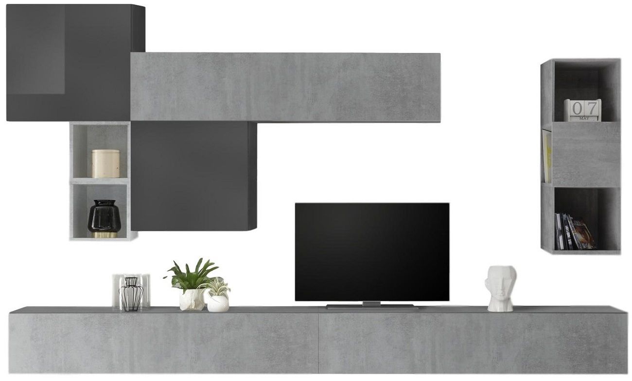 Pedro TV‑wandmeubel – strak grijs beton met hoogglans afwerking