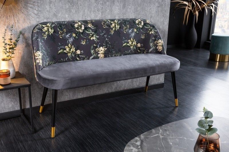 Pret‑a‑Porter Designbank in Grijs Fluweel met Bloemmotief & Gouden Voetdoppen – Invicta Interior