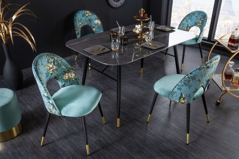 Pret-a-Porter turquoise fluweel eetkamerstoel met gouden voetdoppen – elegant design van Invicta Interior