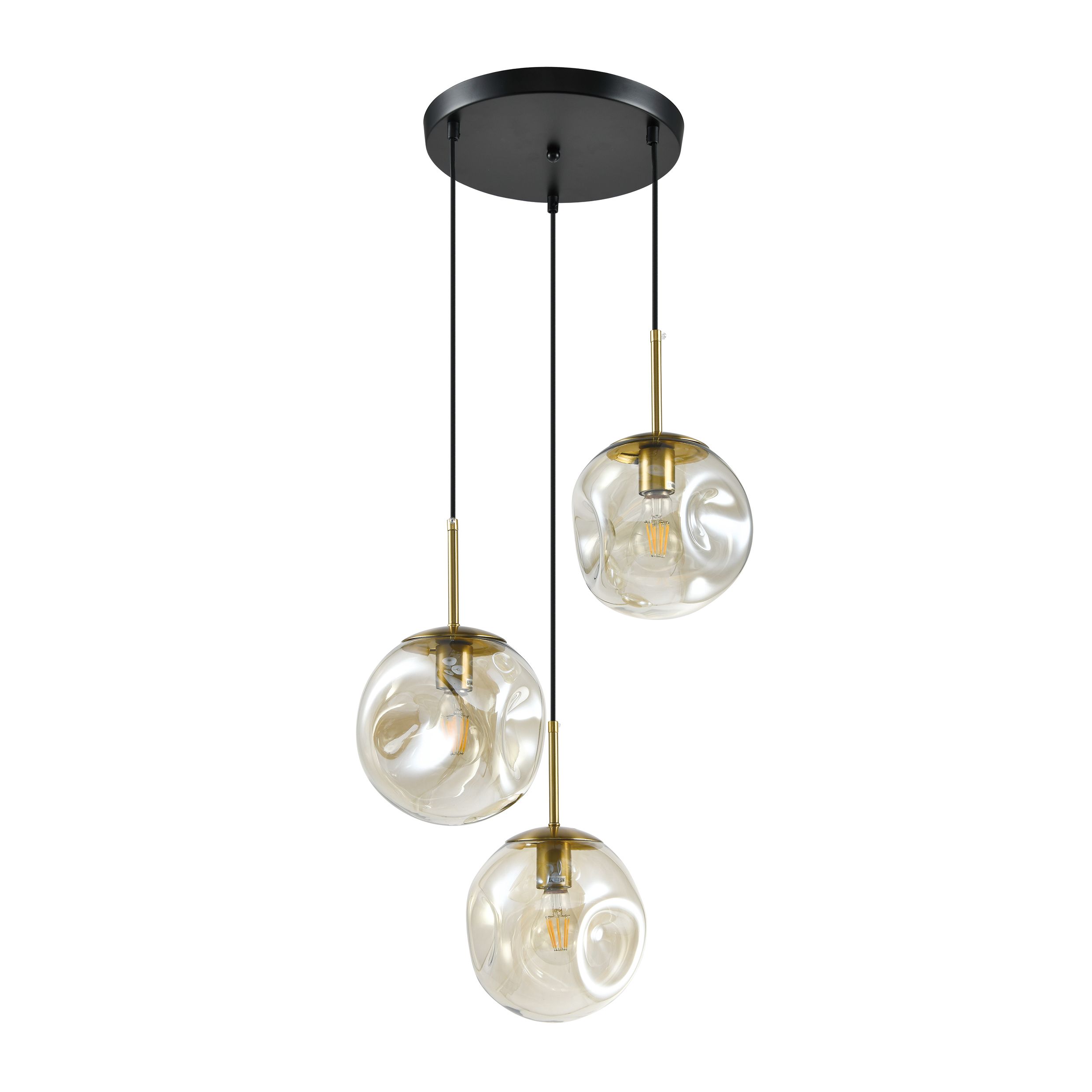 Q UVIO Hanglamp met 3 glazen bollen – Zwart‑gouden elegantie voor de eettafel
