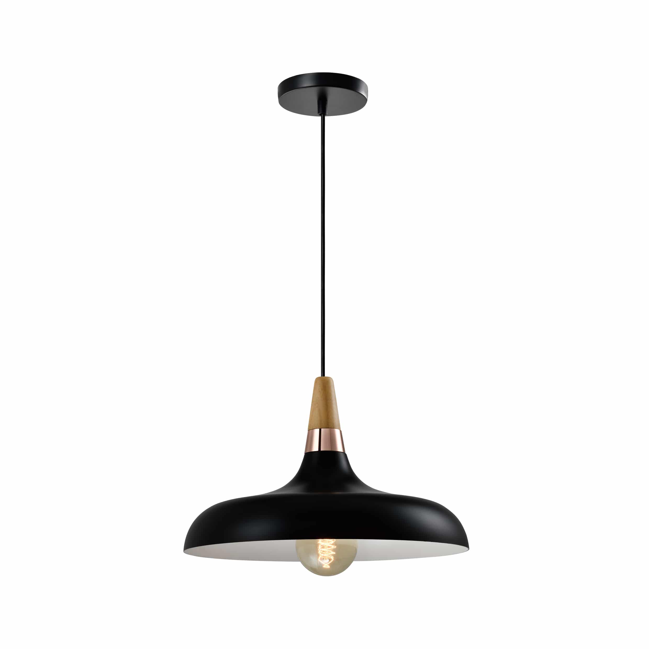 Q‑UVIO Hanglamp Scandinavisch – Lage, Zwarte Designlamp met Houten Accent – 30 cm