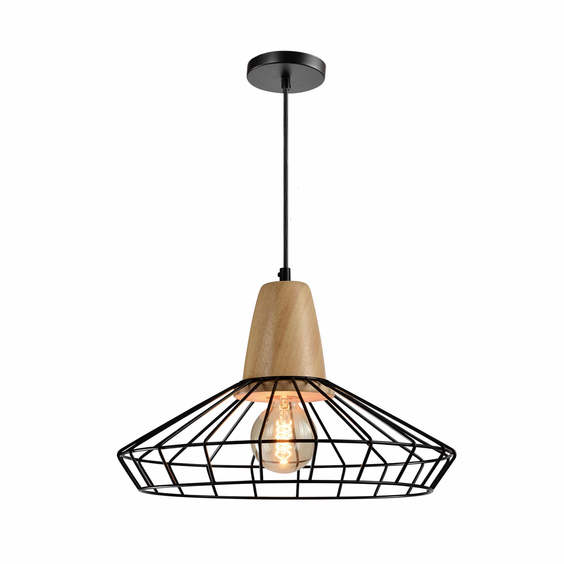 Q UVIO ronde hanglamp – modern design met strak zwart metalen draad en warm hout