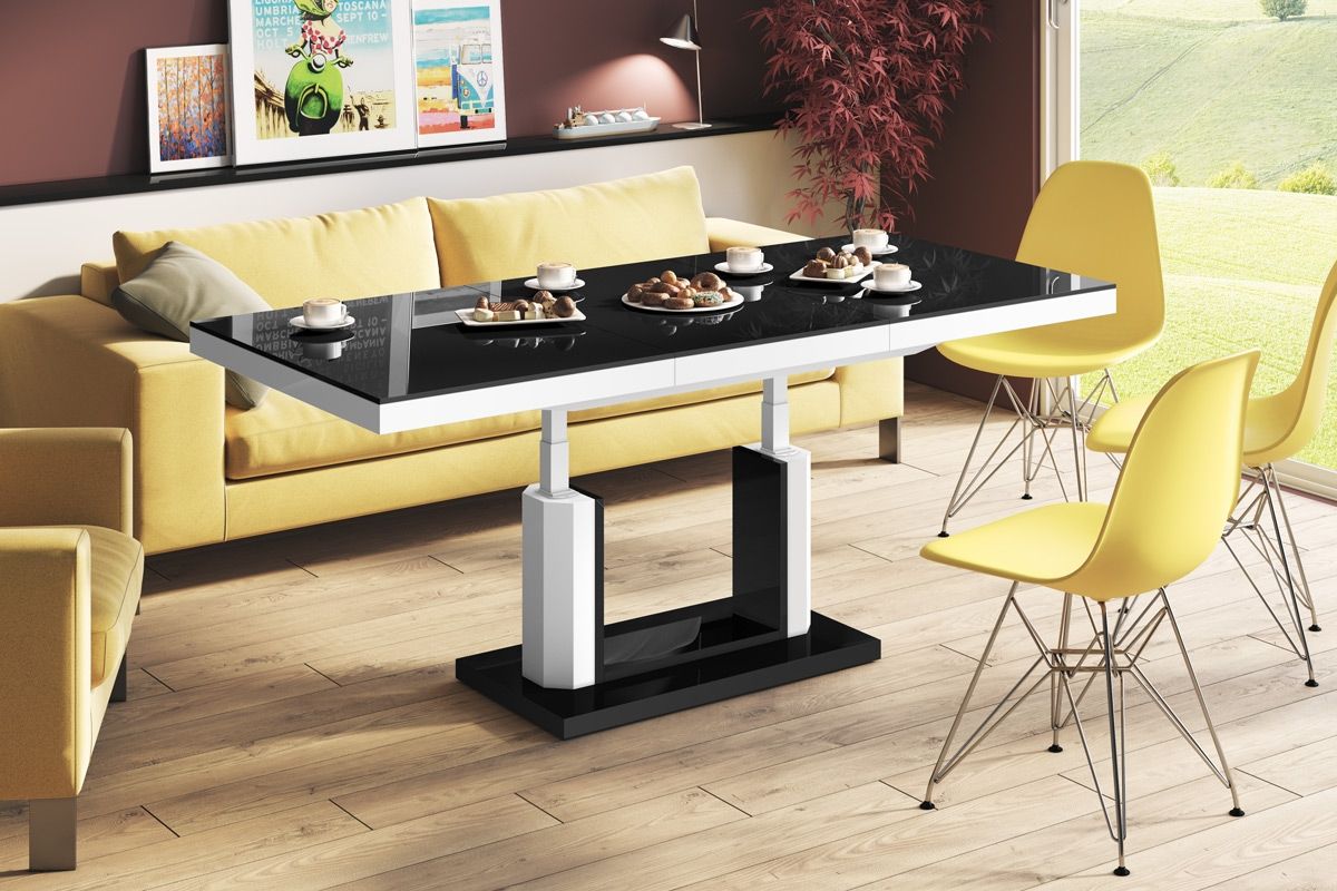 Quandro Lux uitschuifbare salontafel – hoogglans zwart‑wit, 120‑170 cm
