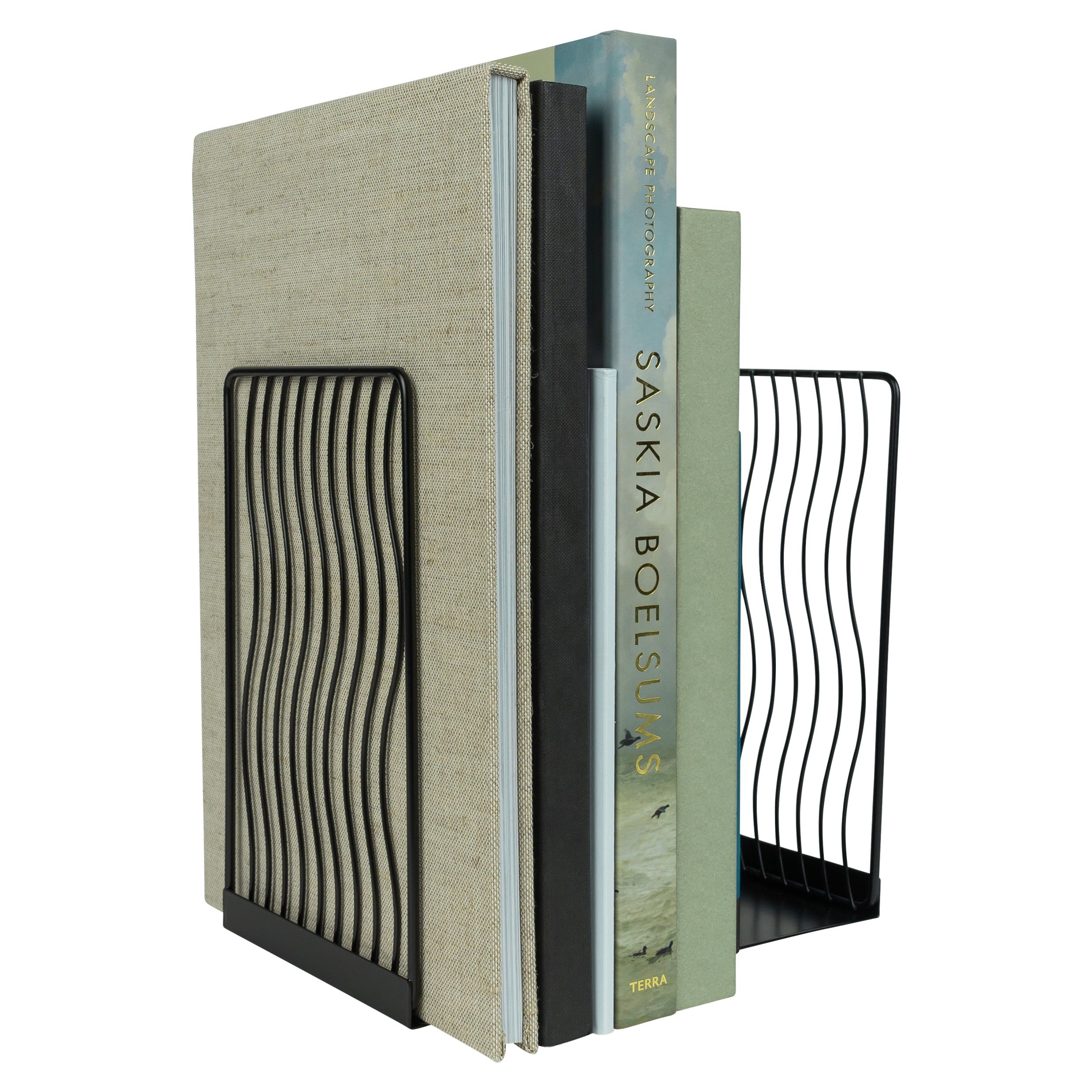 QUVIO Boekensteun set – Golvend design, zwart staal (2 stuks)