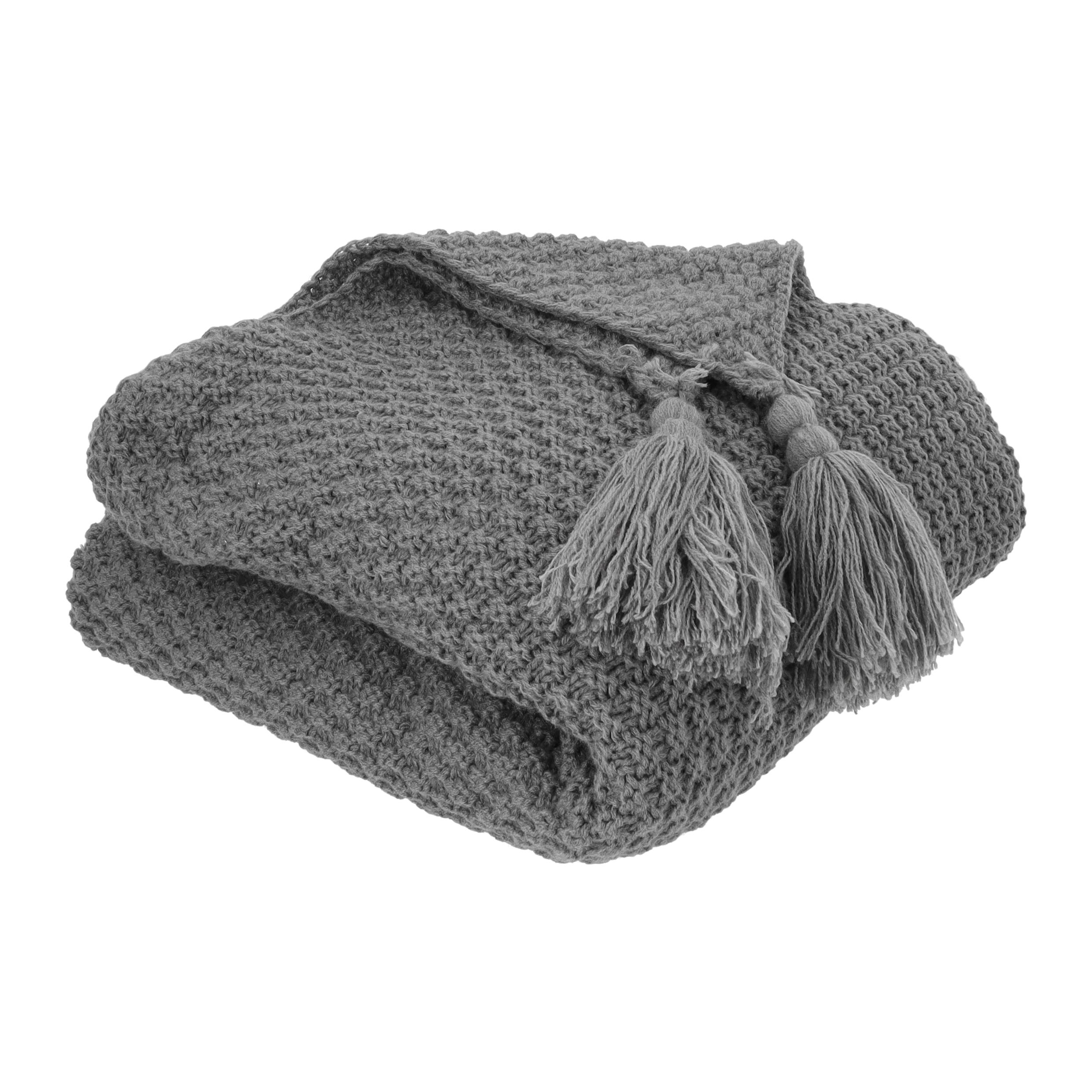 QUVIO Donkergrijze katoenen plaid met kwastjes – warmte en stijl voor elke winteravond