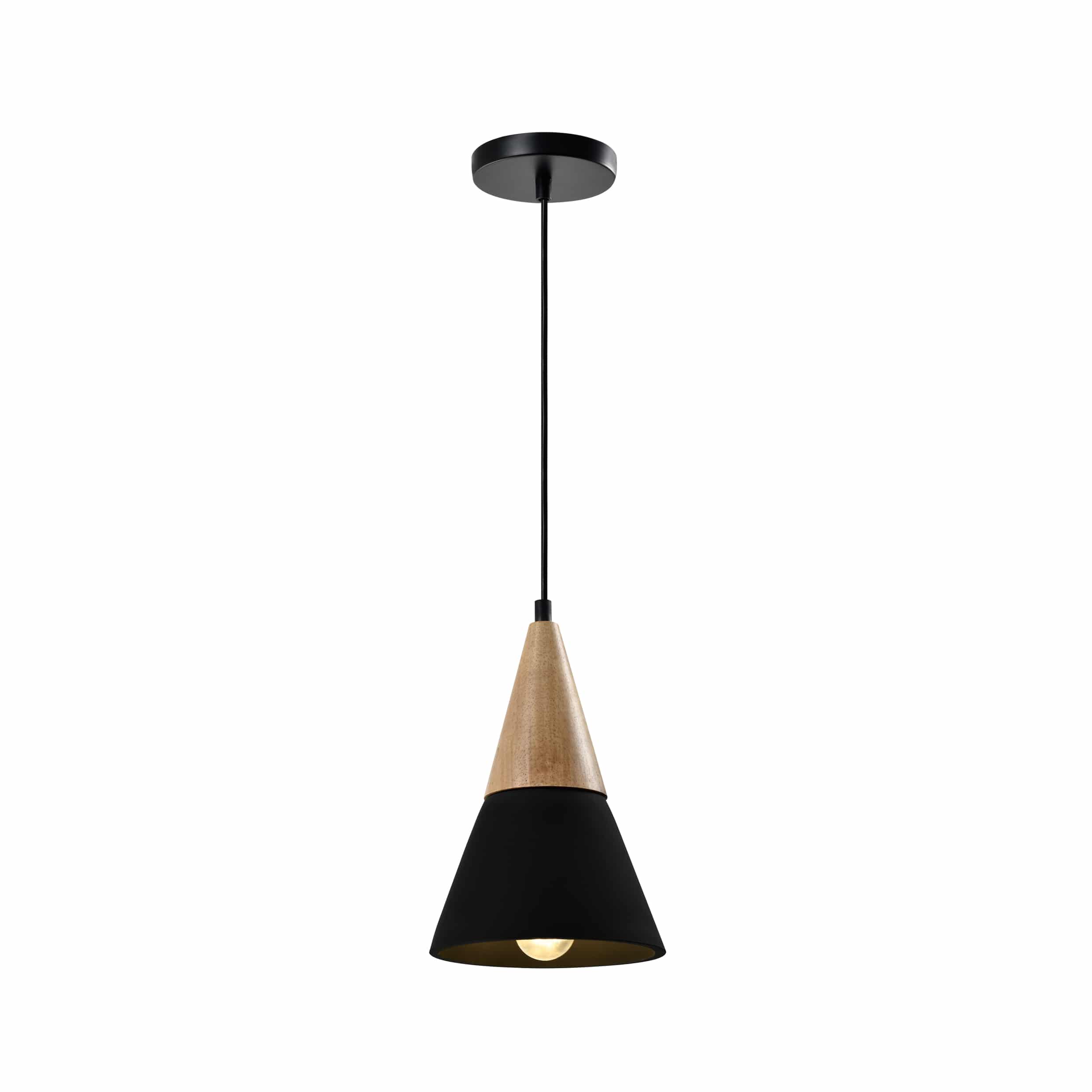 QUVIO Hanglamp Landelijk – Zwarte Betonkegel met Houten Kop, 18 cm