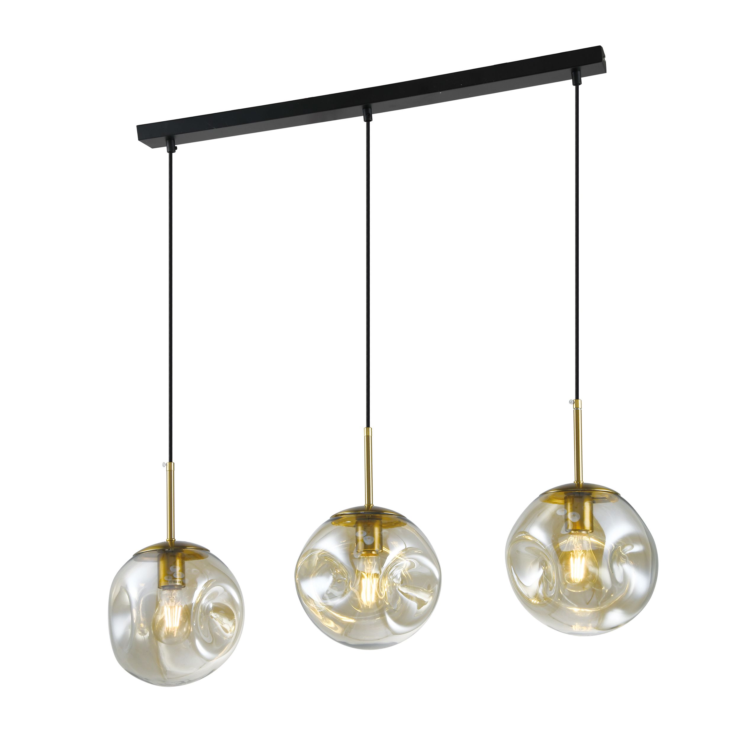 QUVIO Hanglamp met 3 glazen bollen – Langwerpige eettafelverlichting in zwart‑goud