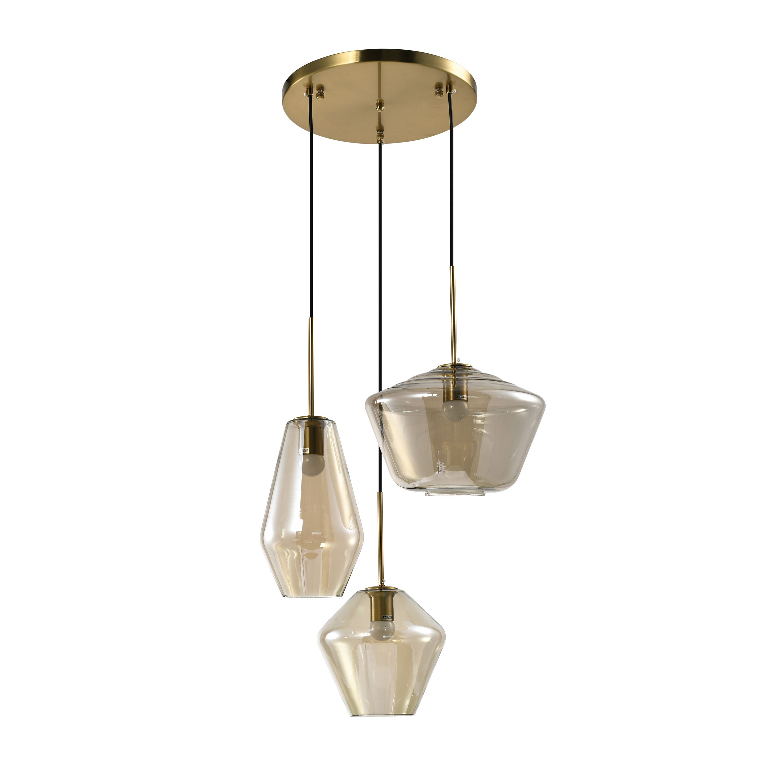 QUVIO Hanglamp met drie glazen kappen – Luxe goud‑bruin design voor elke ruimte