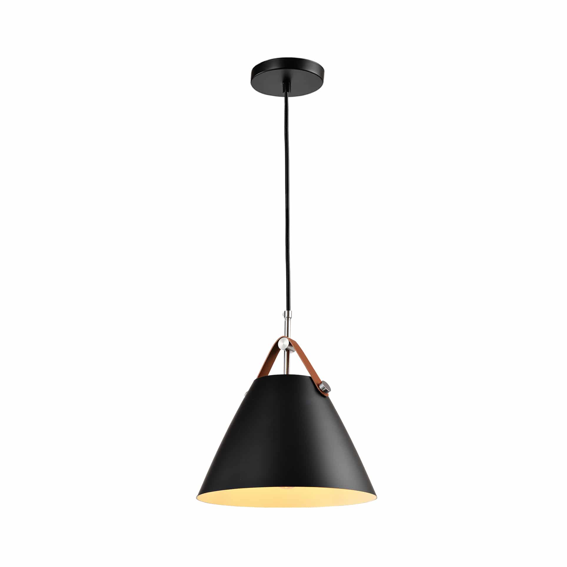 QUVIO Hanglamp Modern – Strakke kegel met leren riempje, zwart, 27 cm